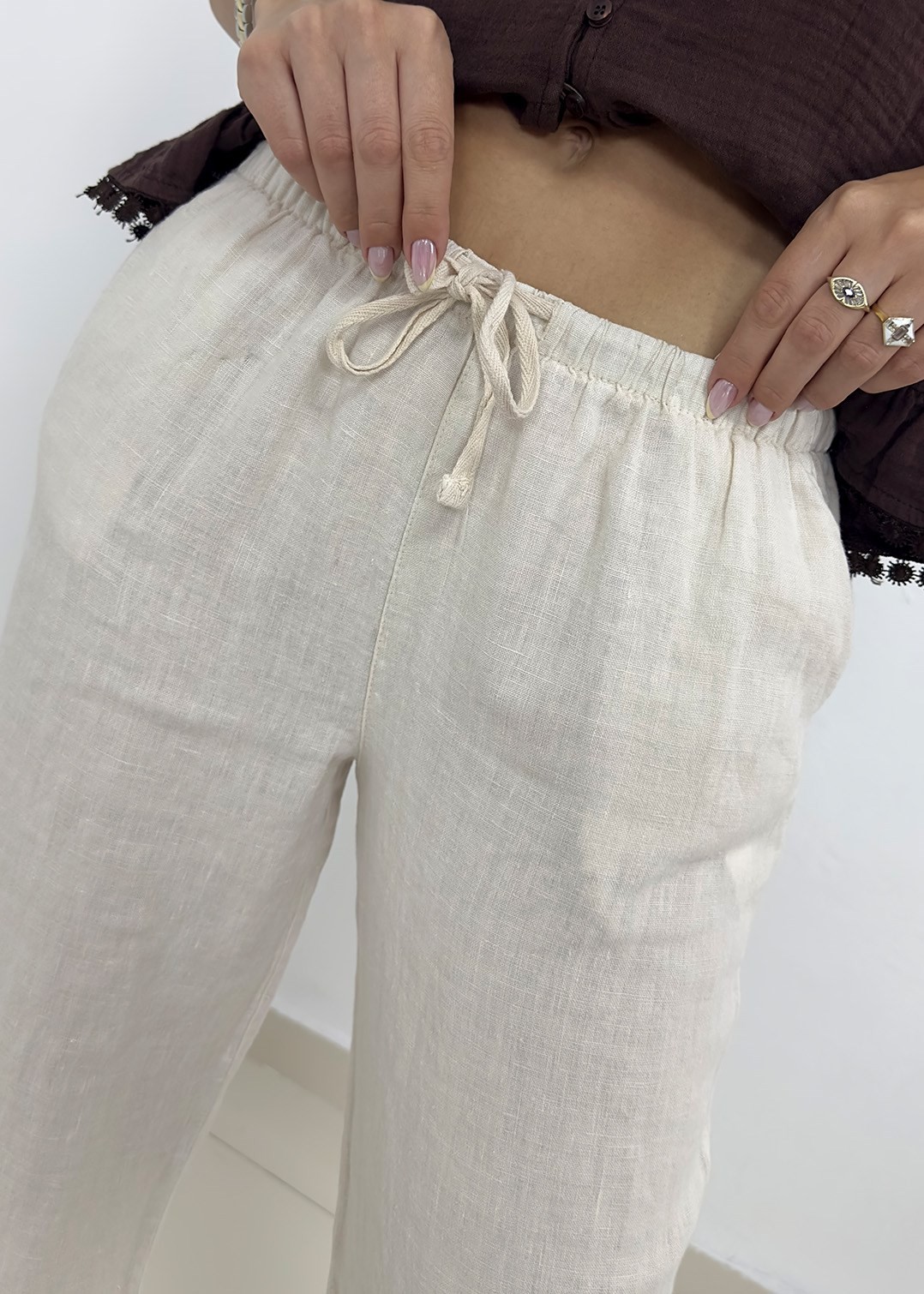 Beli Lastikli İpli Bol Paça Keten Pantolon - Taş