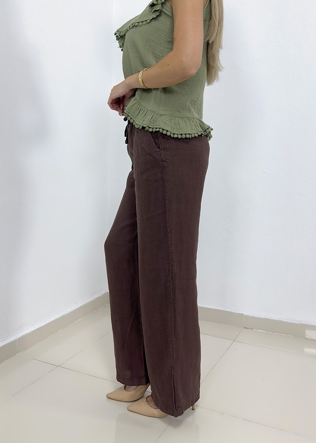 Beli Lastikli İpli Bol Paça Keten Pantolon - Kahverengi