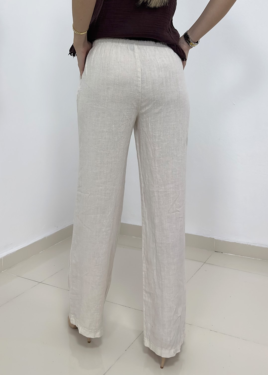 Beli Lastikli İpli Bol Paça Keten Pantolon - Taş