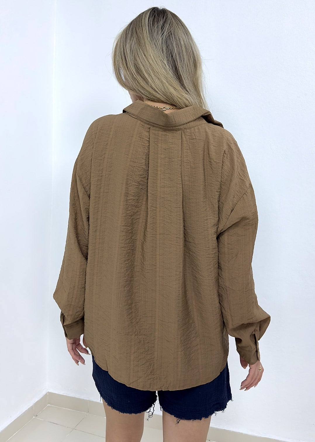 Cepli Oversize Gömlek - Kahverengi