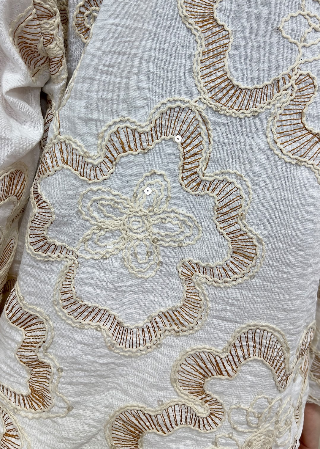 Çiçek Desen Nakışlı Pul İşlemeli Kimono - Kahverengi