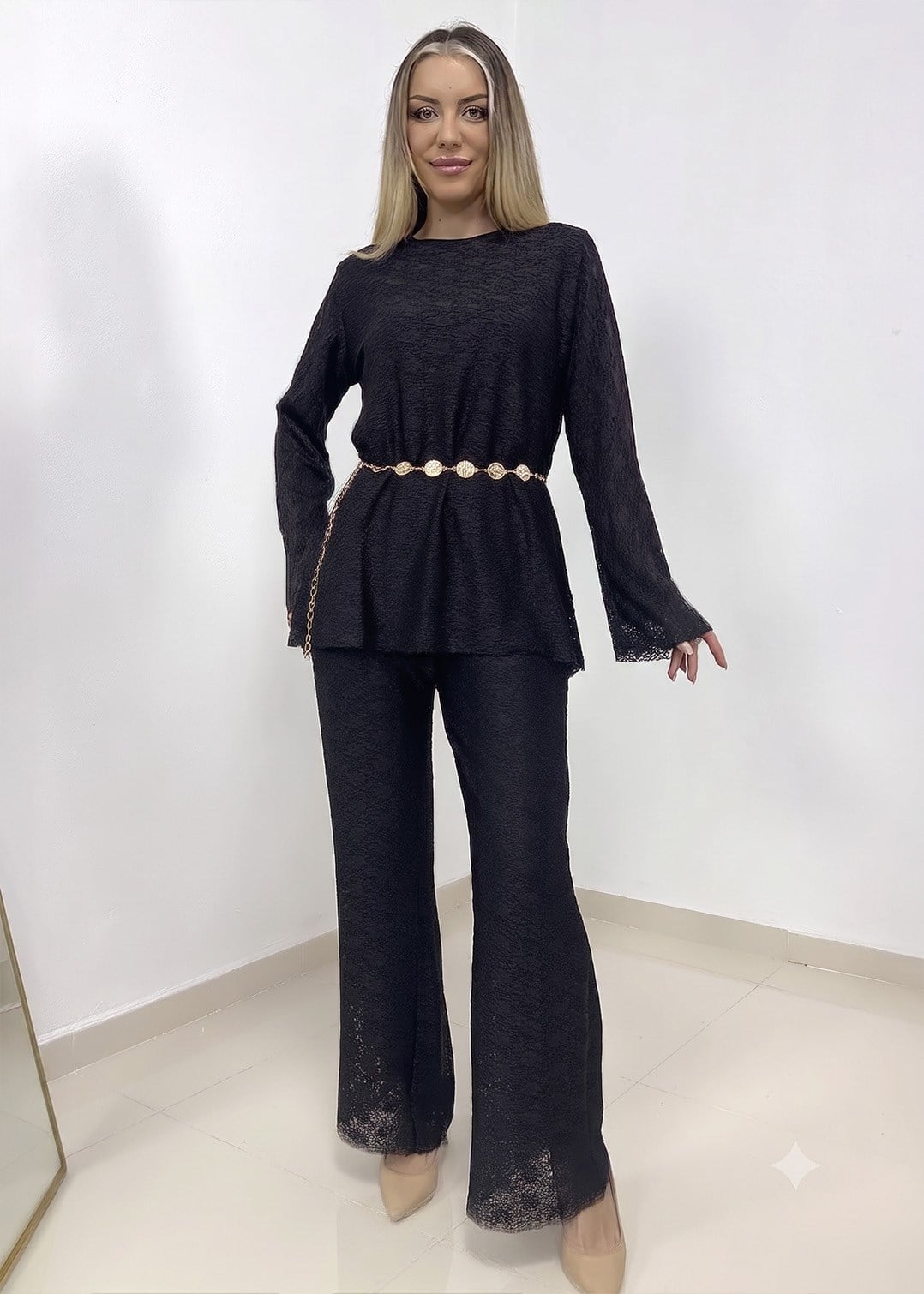 Dantelli Astarlı Pantolon Takım - Siyah