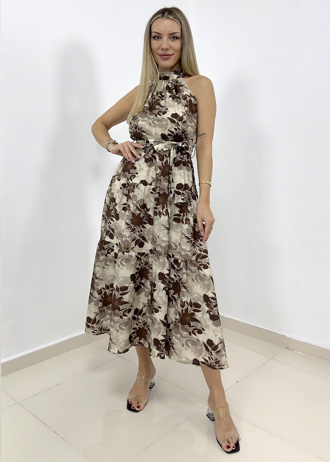 Halter Yaka Modal Desenli Elbise - Kahverengi