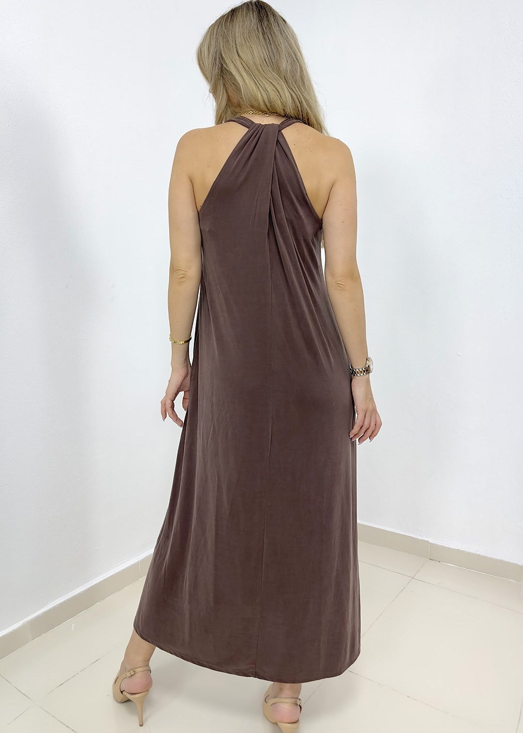 Halter Yaka Modal Kumaş Cepli Elbise - Vizon