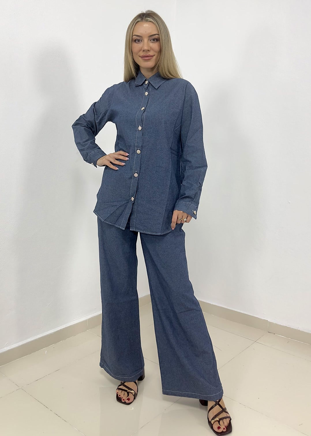 Kot Kumaş Taş Düğmeli Pantolonlu Takım - Mavi