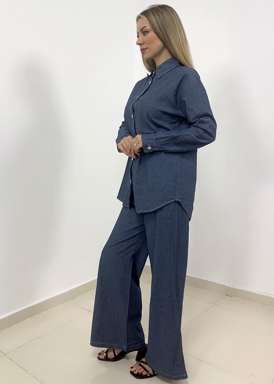 Kot Kumaş Taş Düğmeli Pantolonlu Takım - Mavi