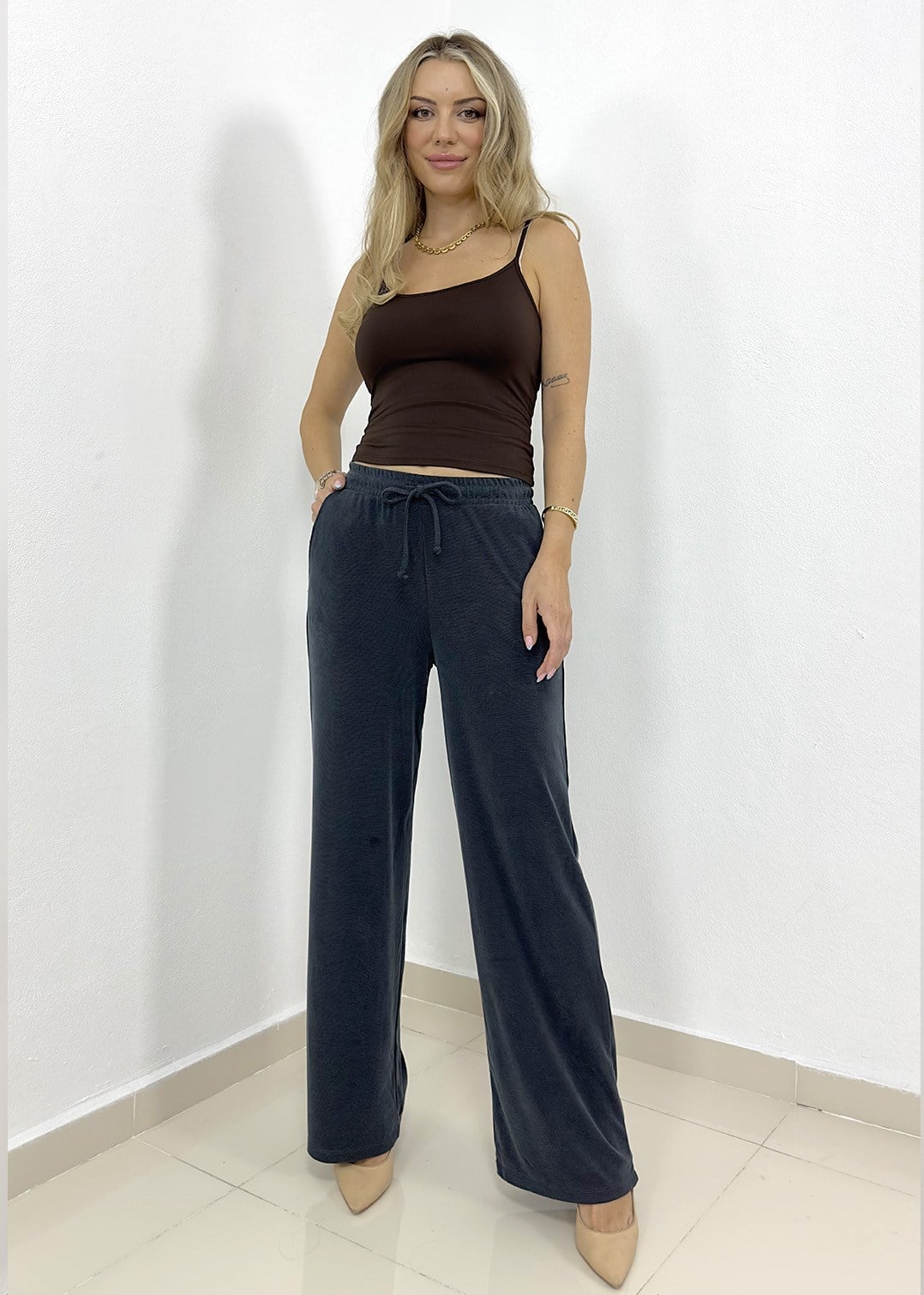 Modal Kumaş Beli Lastikli Pantolon - Antrasit
