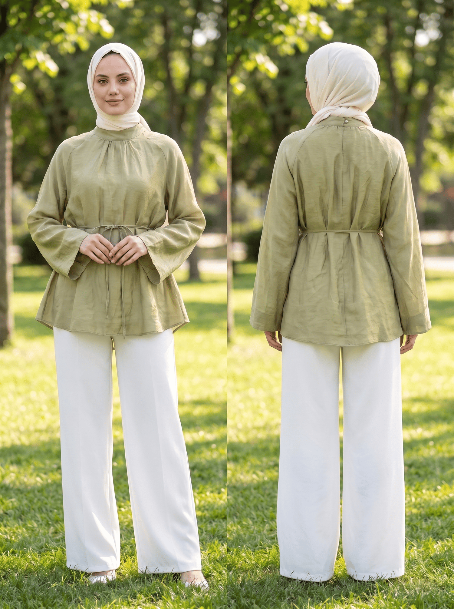 Reglan Kol Yakası Büzgülü Tül Vual Tunik - Yeşil