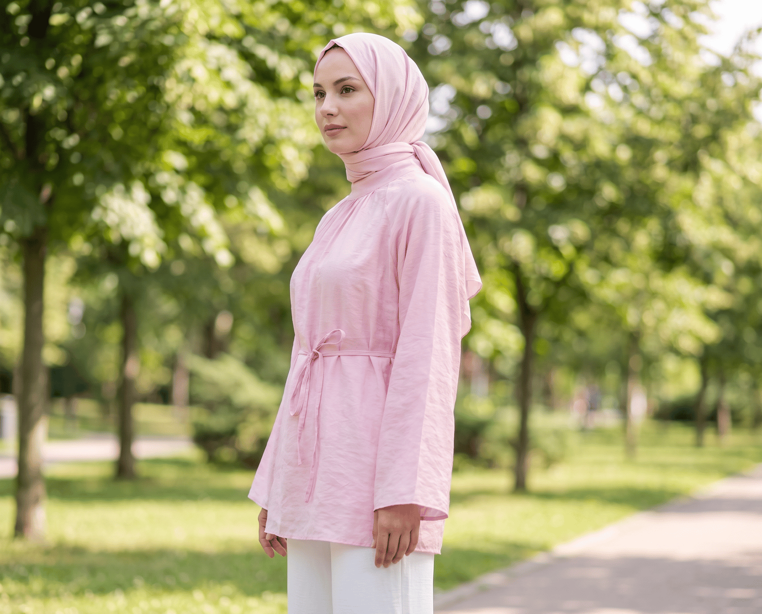 Reglan Kol Yakası Büzgülü Tül Vual Tunik - Pembe