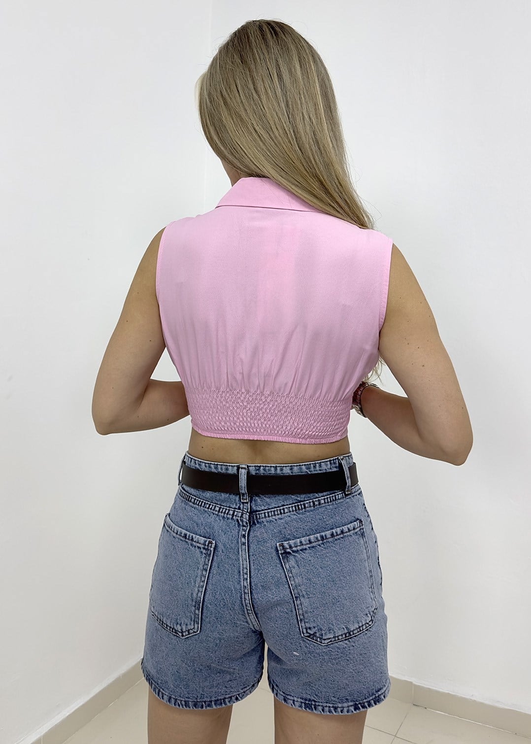 Sıfır Kol Korse Gömlek - Pembe
