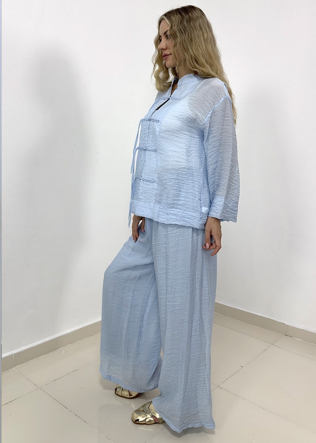 Süslü Düğmeli Pantolonu Astarlı Takım - Bebe Mavi