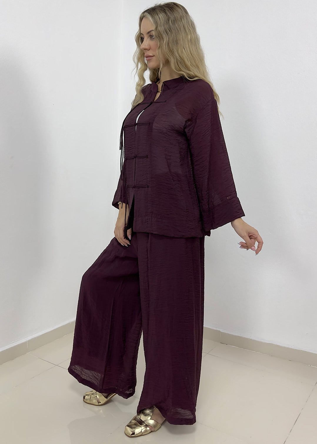 Süslü Düğmeli Pantolonu Astarlı Takım - Bordo