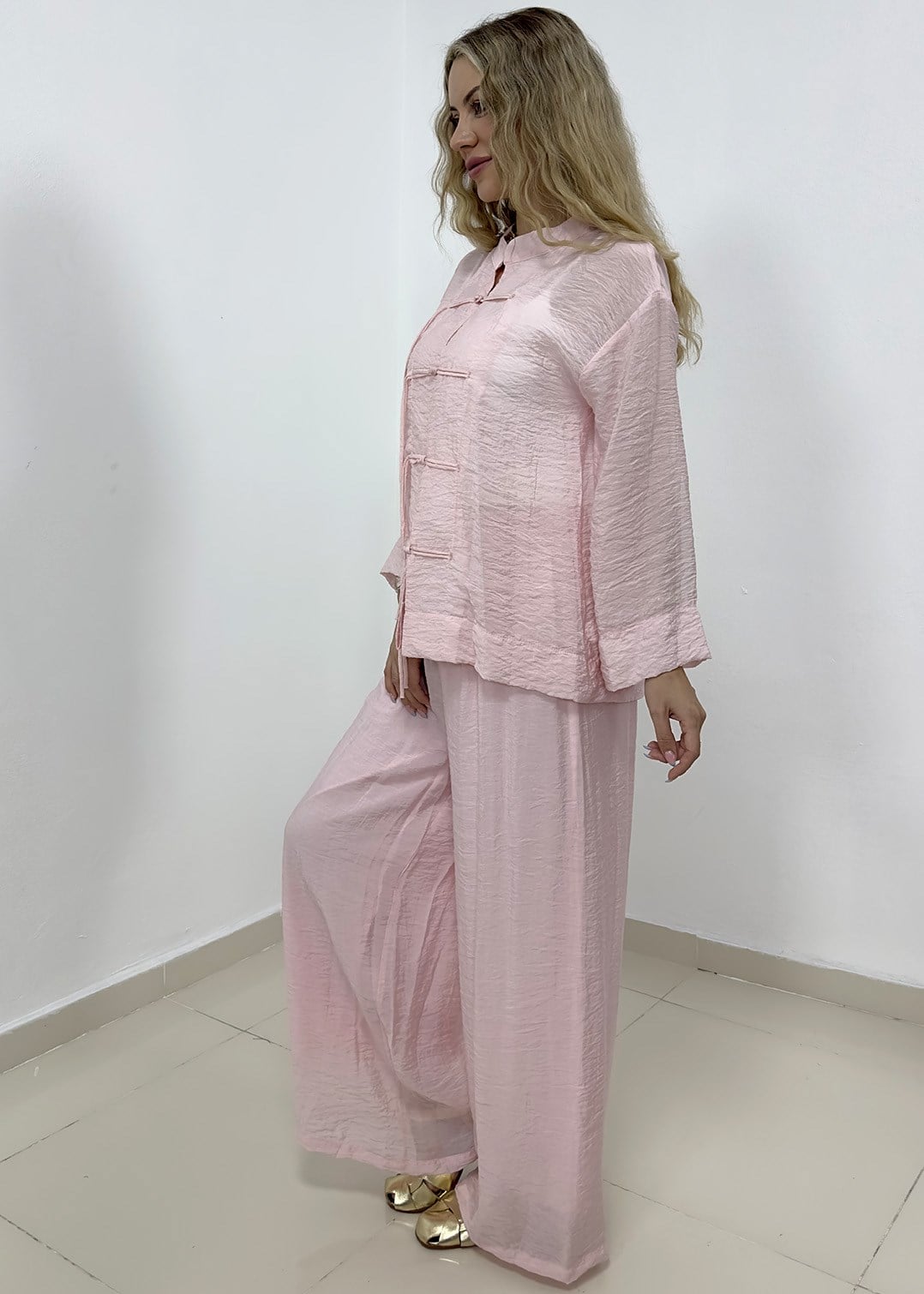 Süslü Düğmeli Pantolonu Astarlı Takım - Pembe