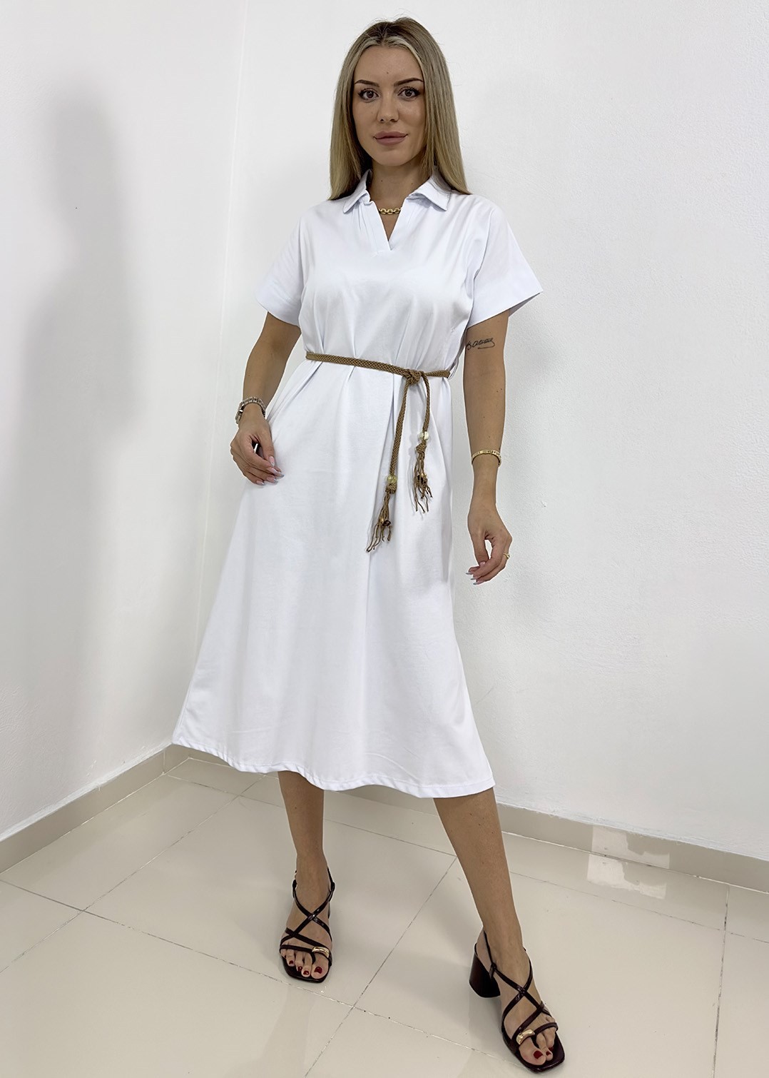 Yakalı Hasır Kemer Elbise - Beyaz