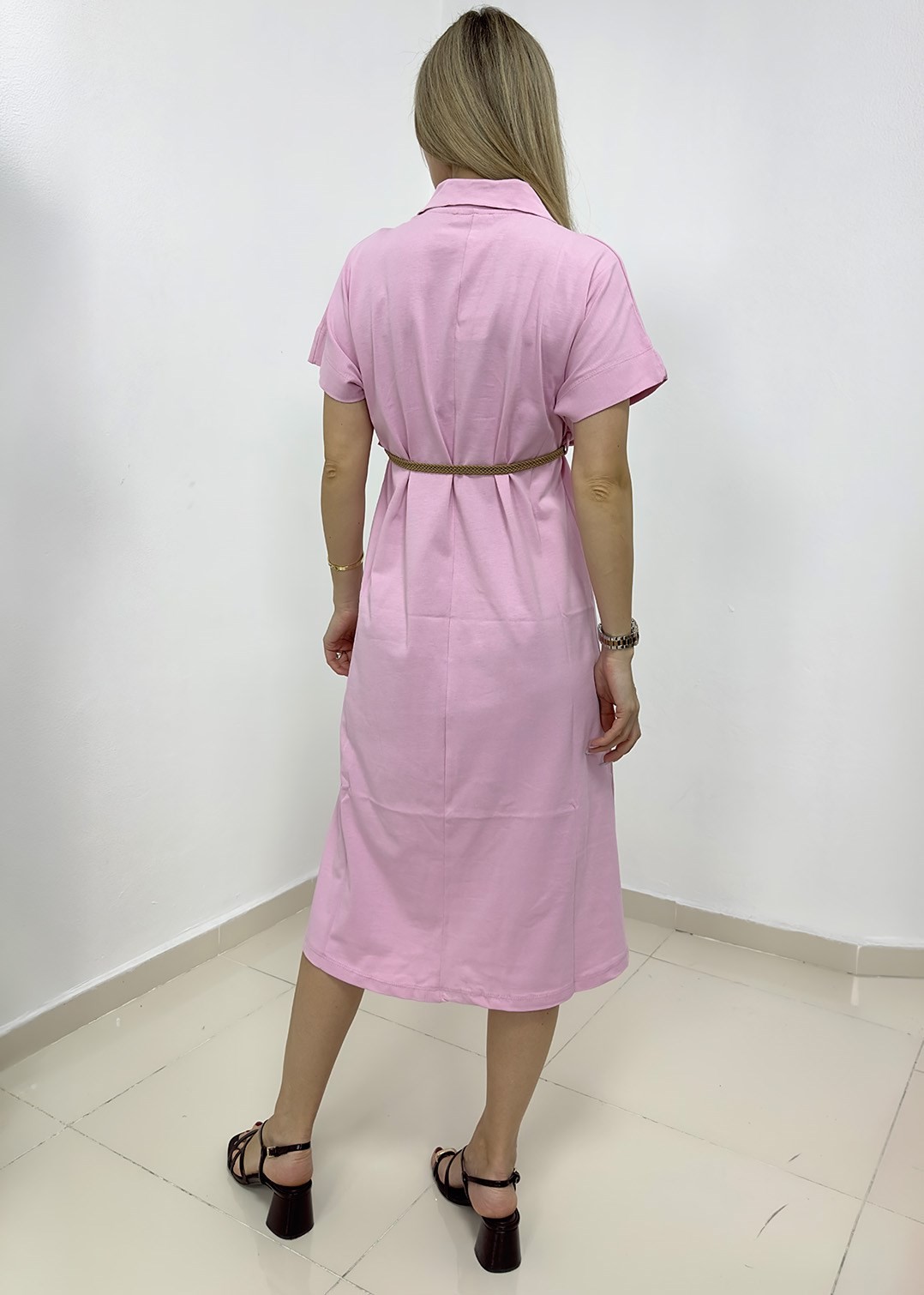 Yakalı Hasır Kemer Elbise - Pembe