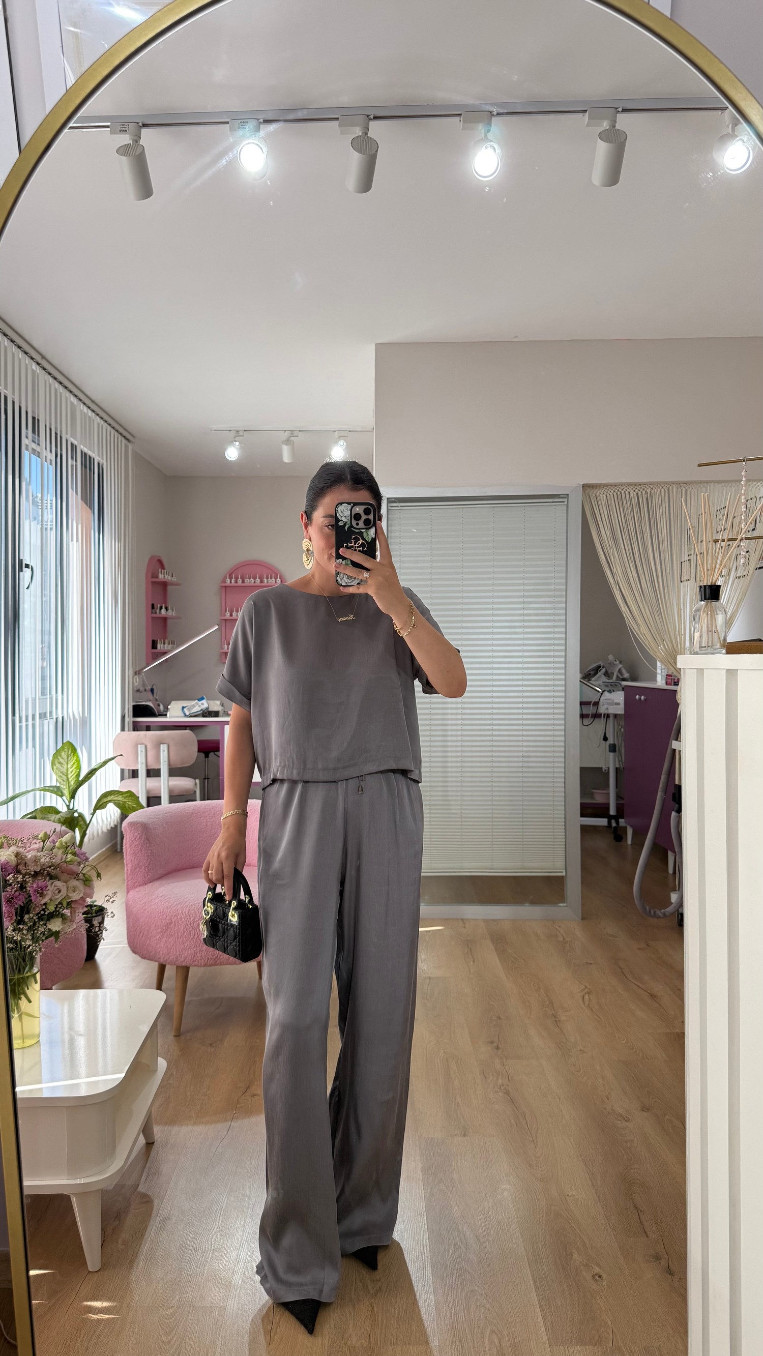 GRİ BLUZ PANTOLON DOKULU TAKIM