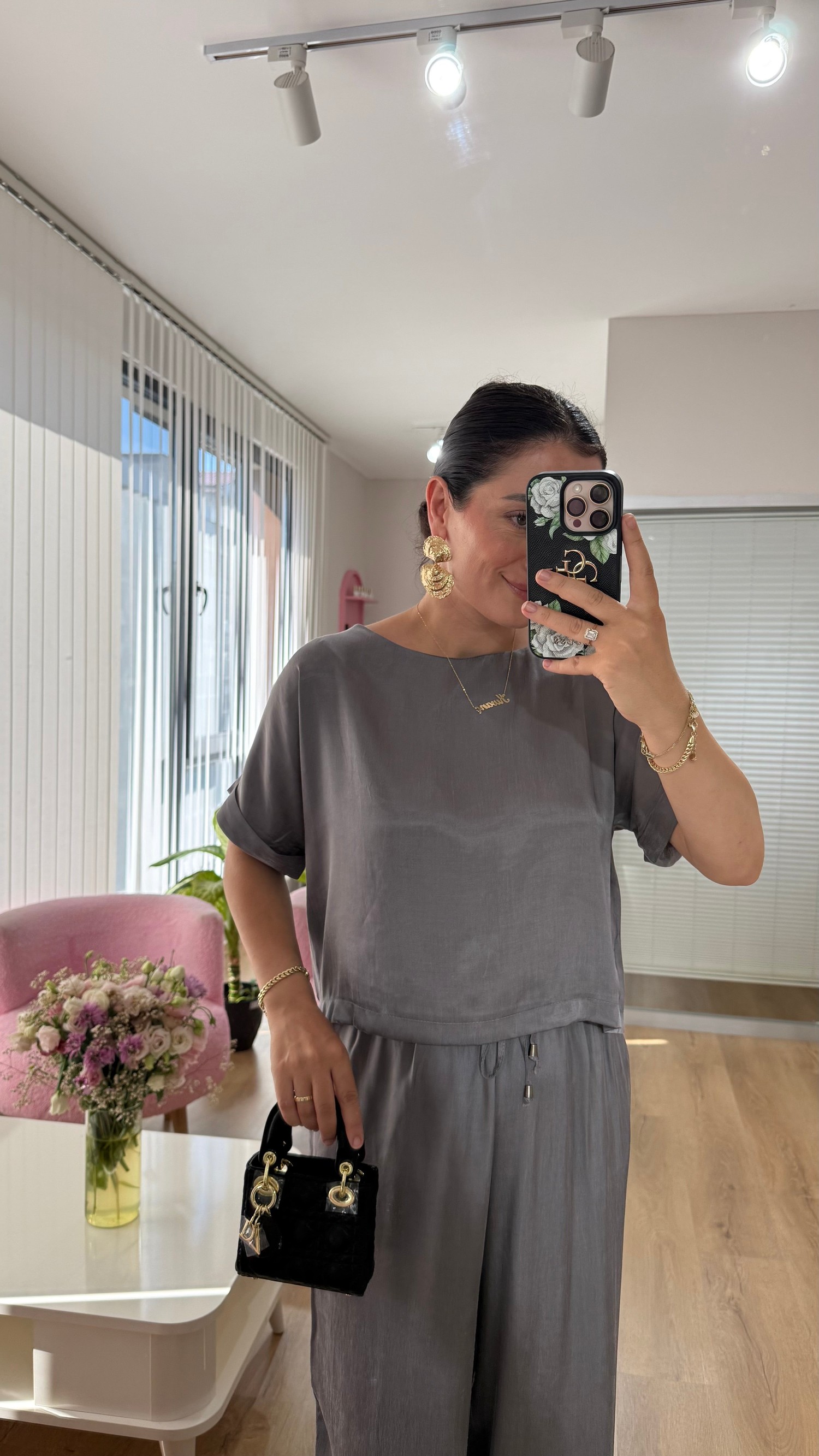 GRİ BLUZ PANTOLON DOKULU TAKIM