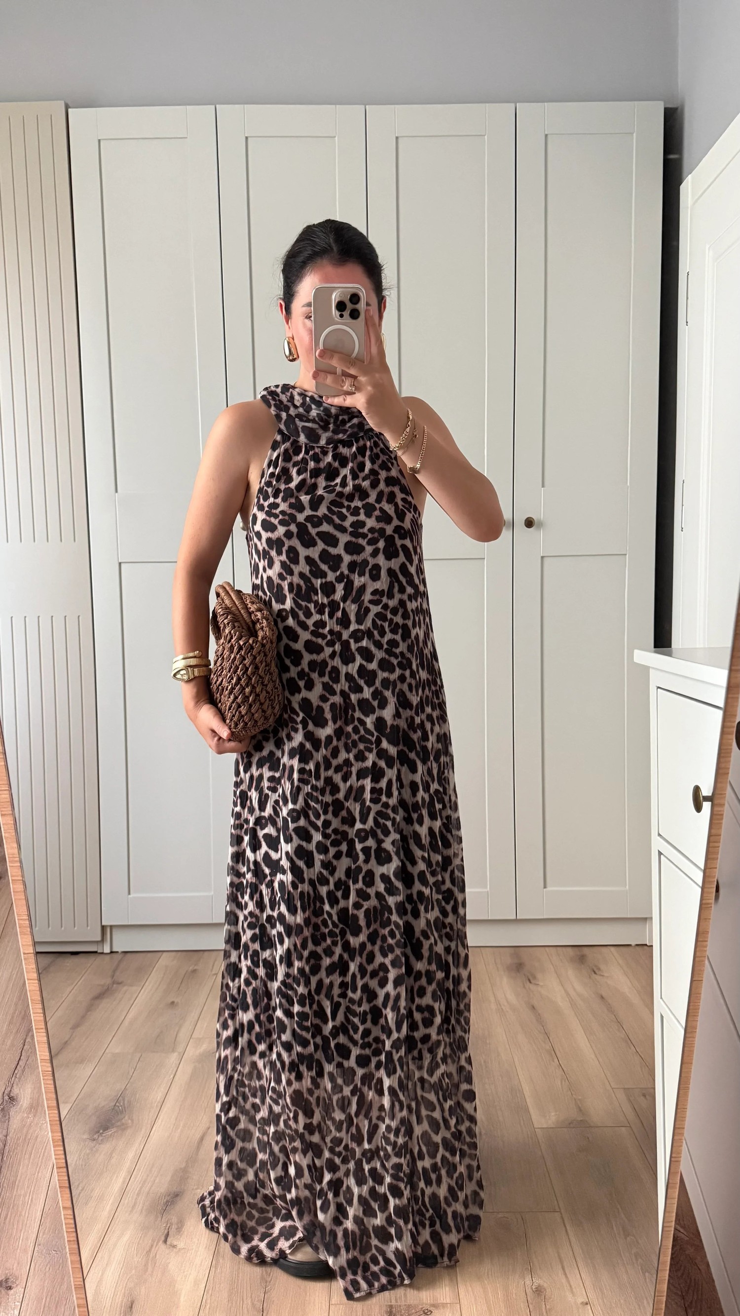 HALTER YAKA ASTARLI LEOPAR UZUN ELBİSE