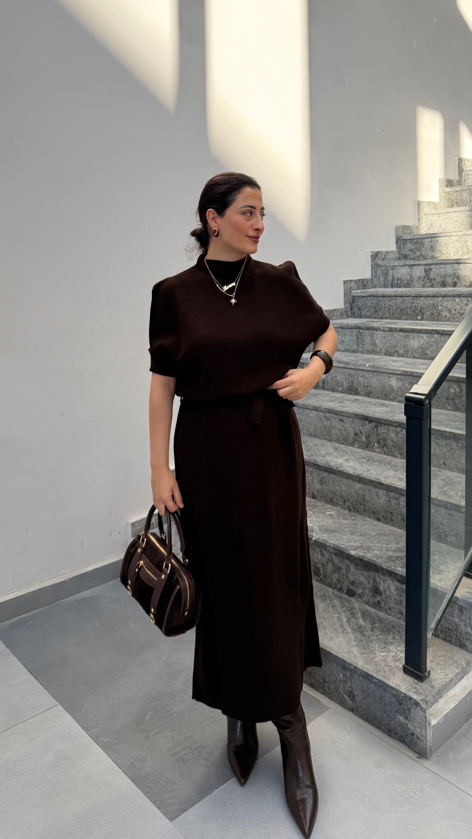 Kuşaklı Triko Midi Elbise