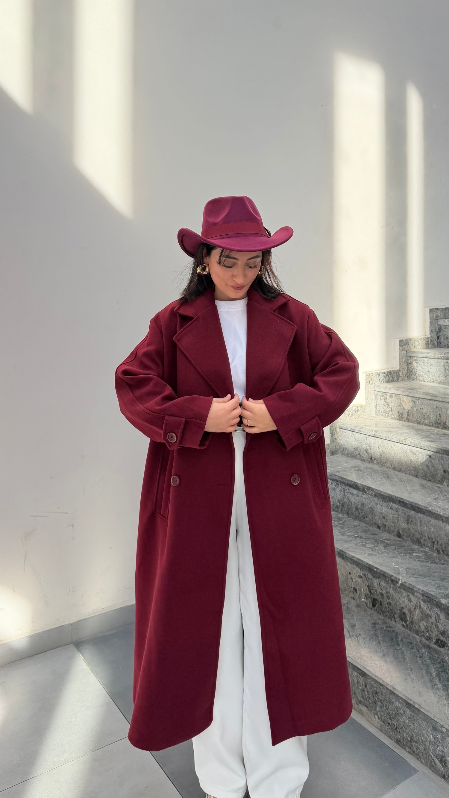 Oversize  Kaşe Kaban-Bordo