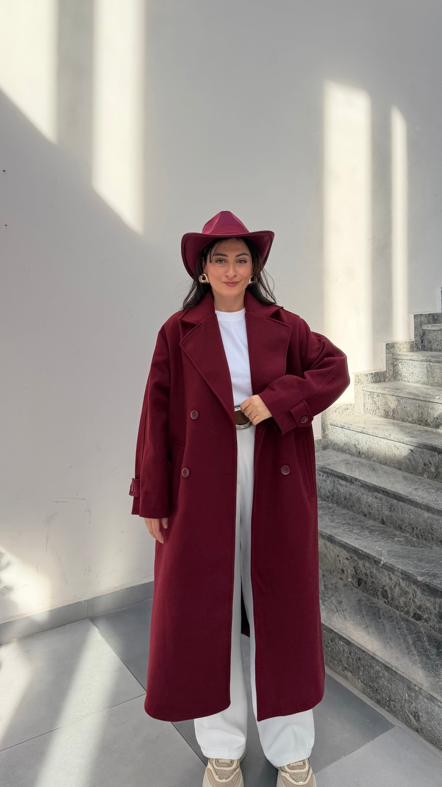 Oversize  Kaşe Kaban-Bordo