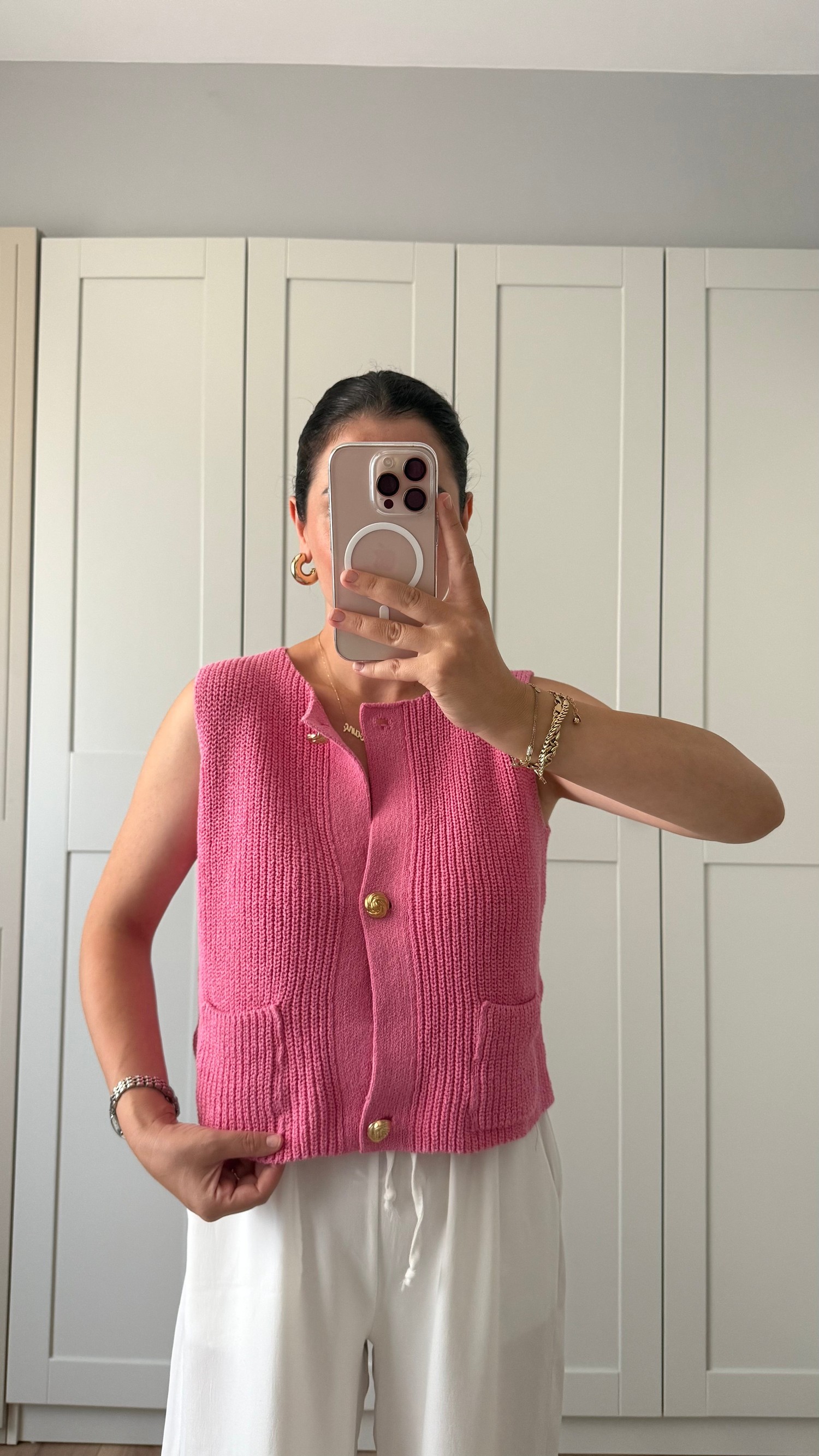 PEMBE GOLD DÜĞMELİ ÖRME YELEK