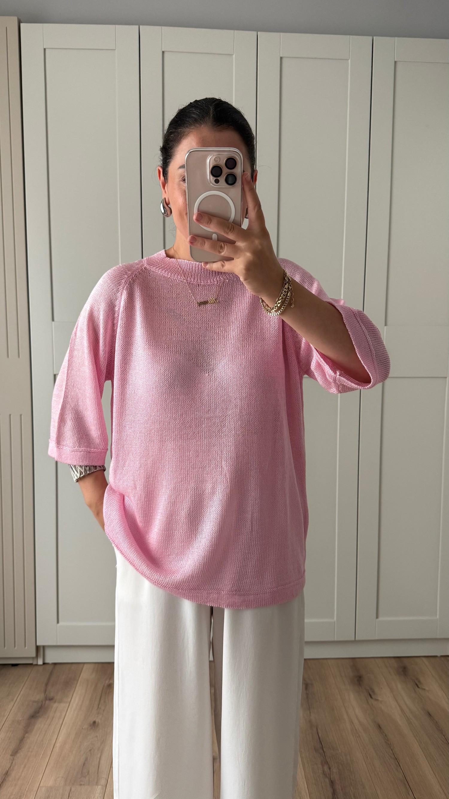 PEMBE YARIM KOL MERSERİZE BLUZ
