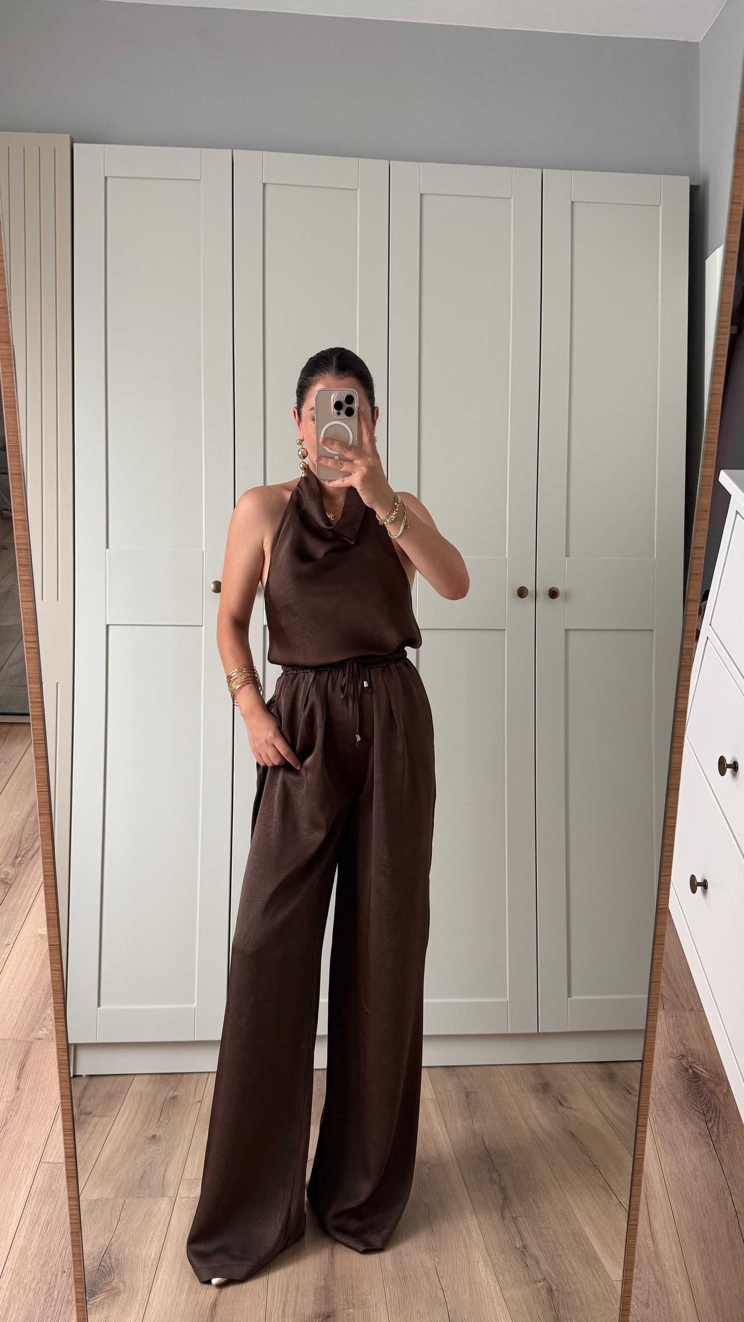 SATEN BLUZ PANTOLON TAKIM - KAHVE