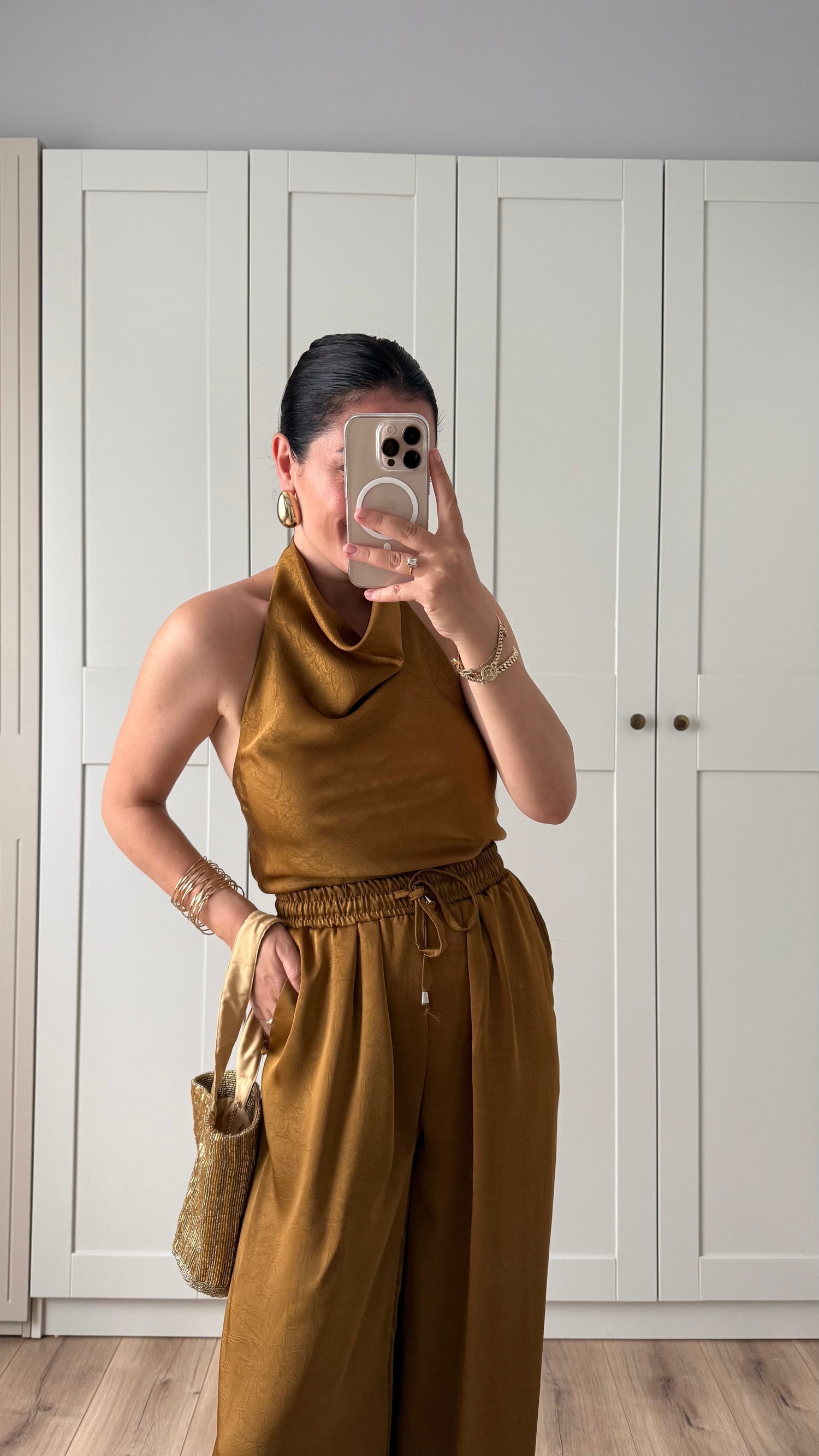 SATEN BLUZ PANTOLON TAKIM-SAFRAN