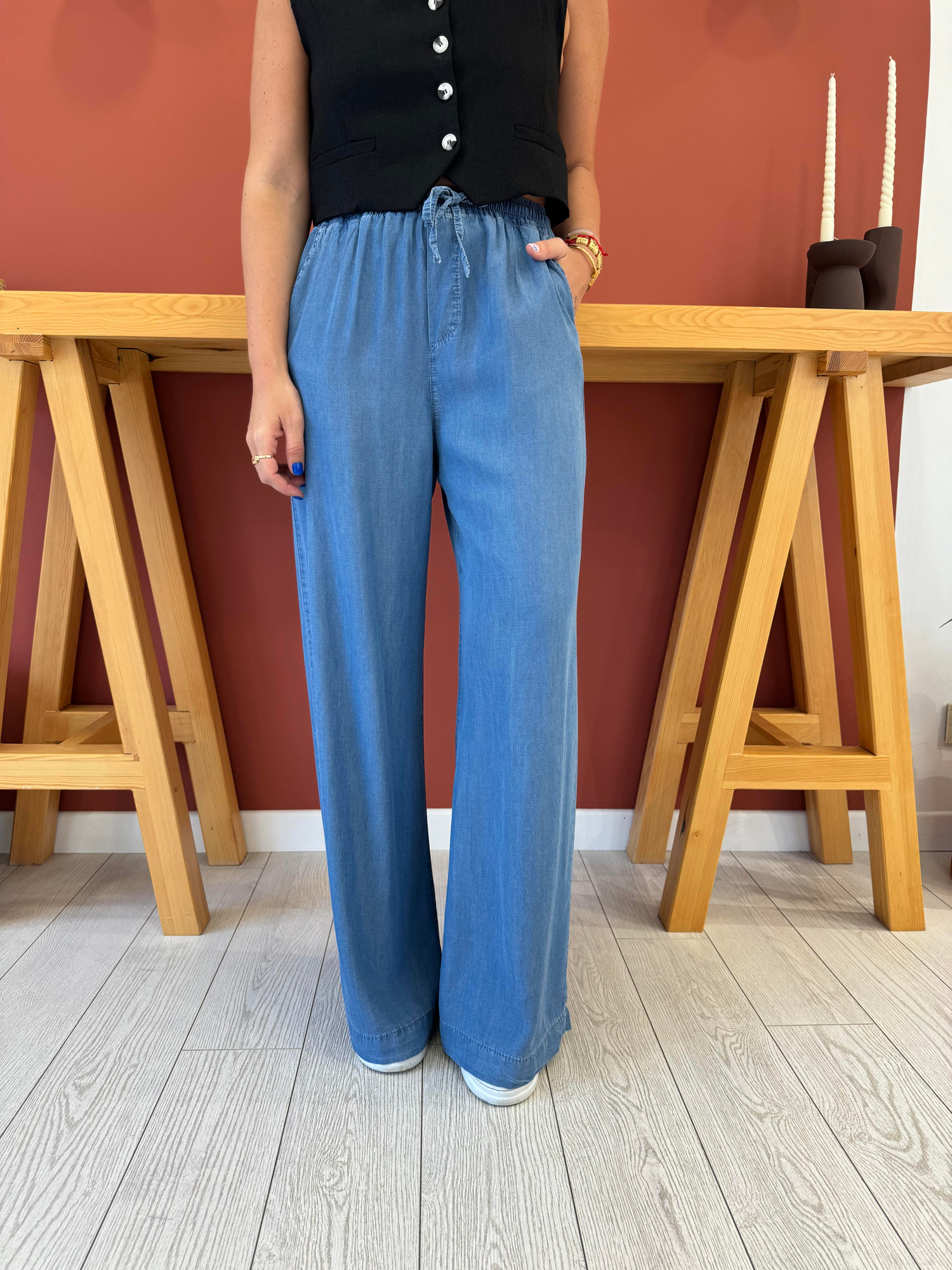 Açık Mavi Tencel Jean Palazzo Pantolon