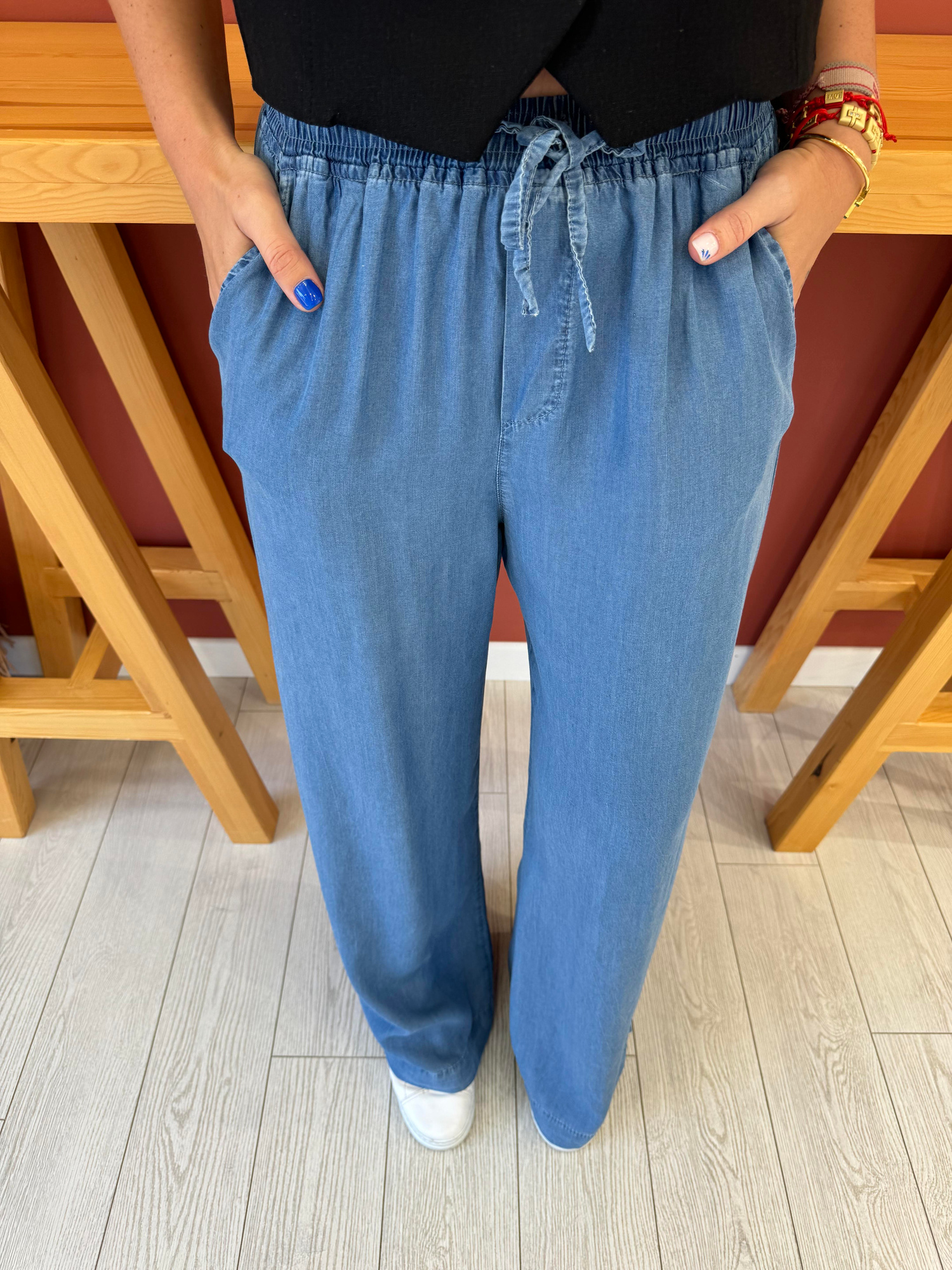 Açık Mavi Tencel Jean Palazzo Pantolon