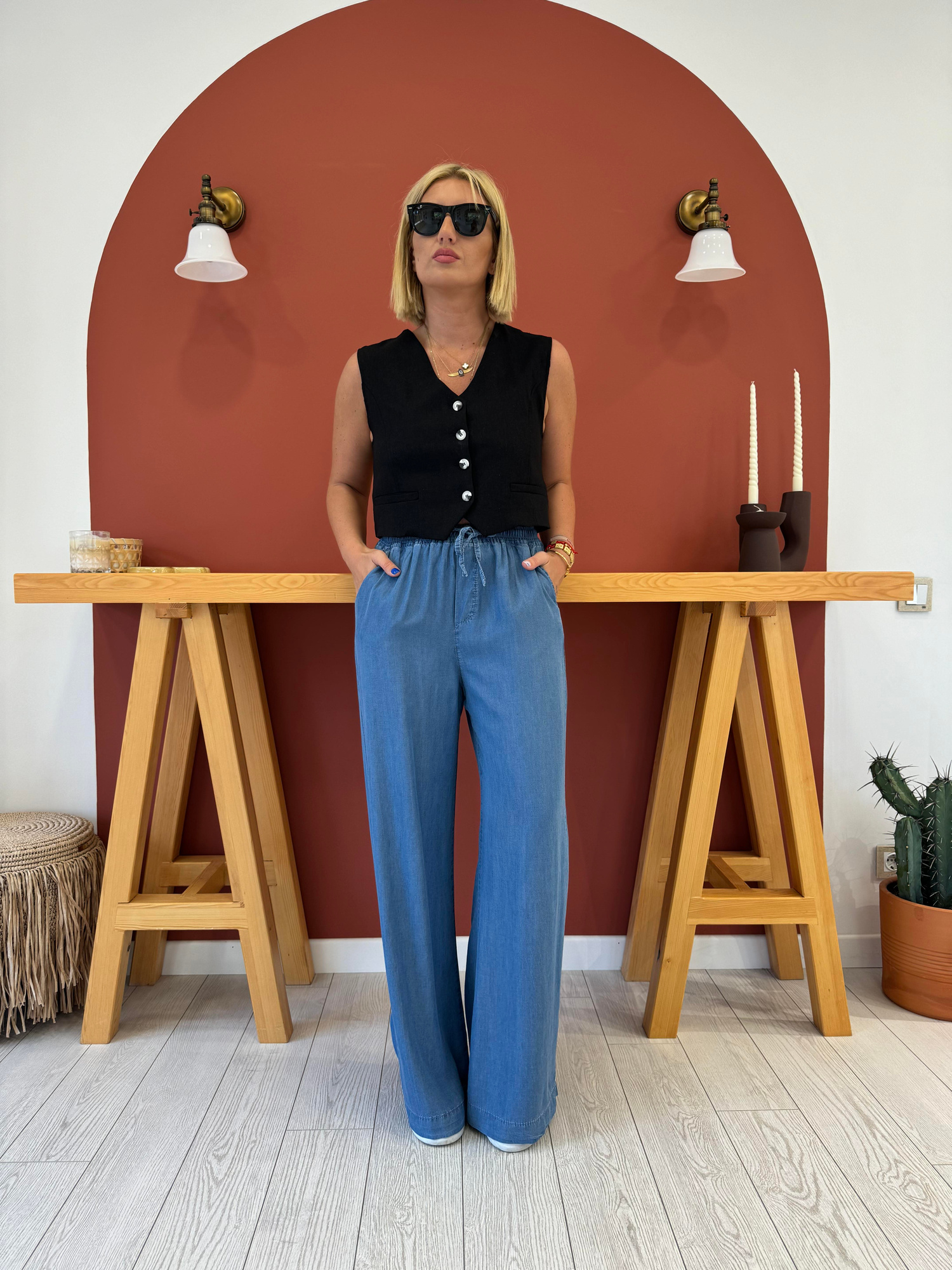 Açık Mavi Tencel Jean Palazzo Pantolon