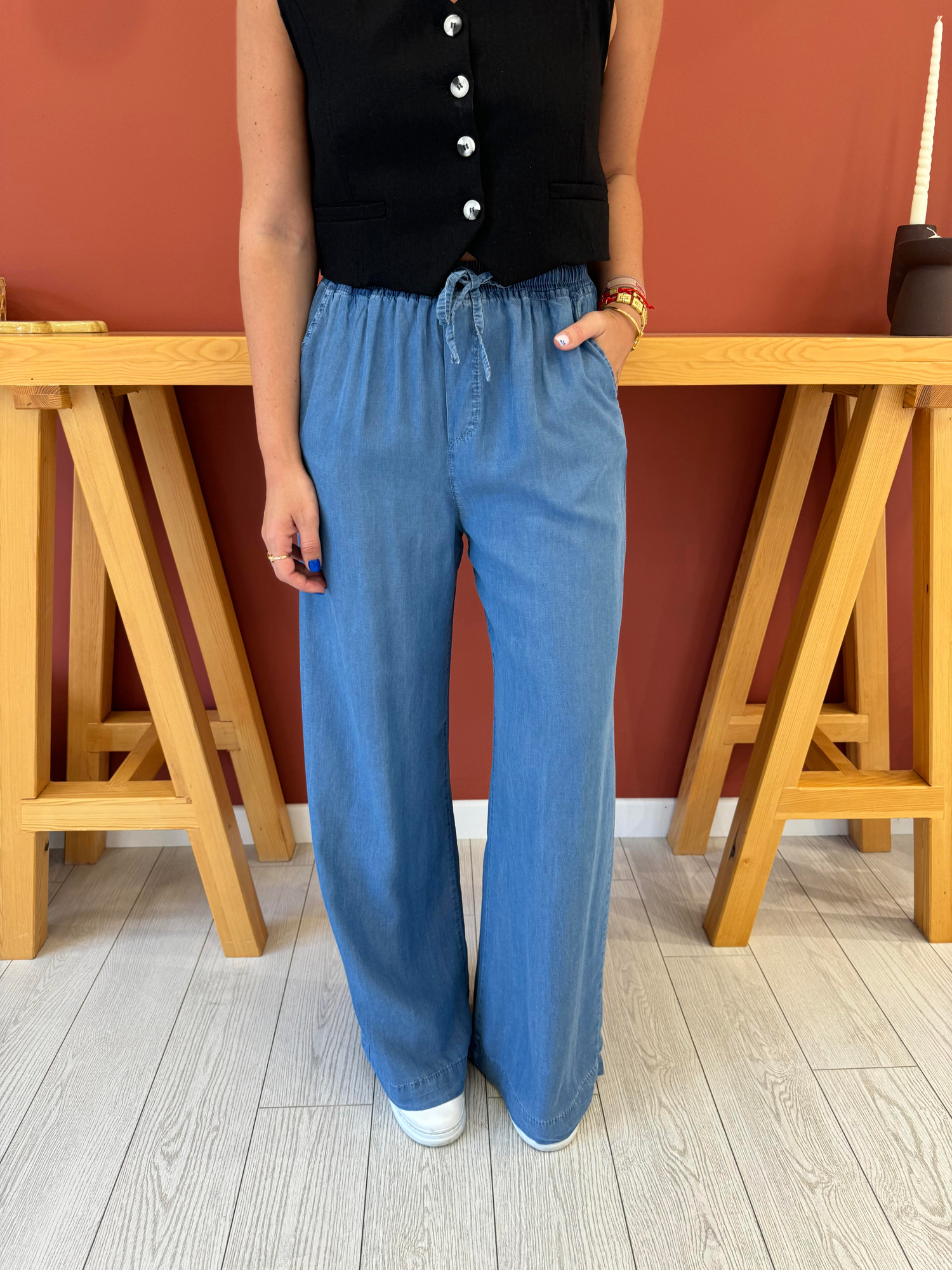 Açık Mavi Tencel Jean Palazzo Pantolon