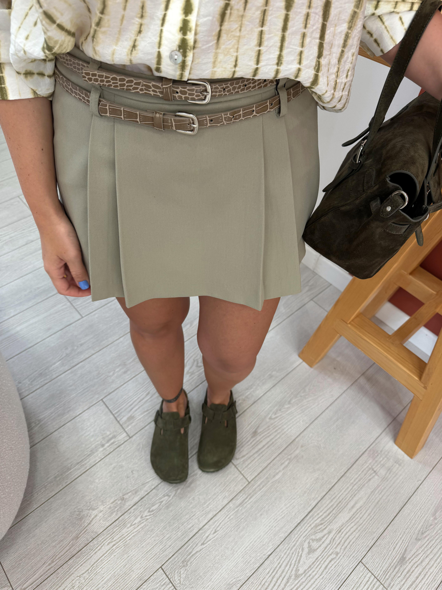 Çift Kemerli Haki Şort Etek