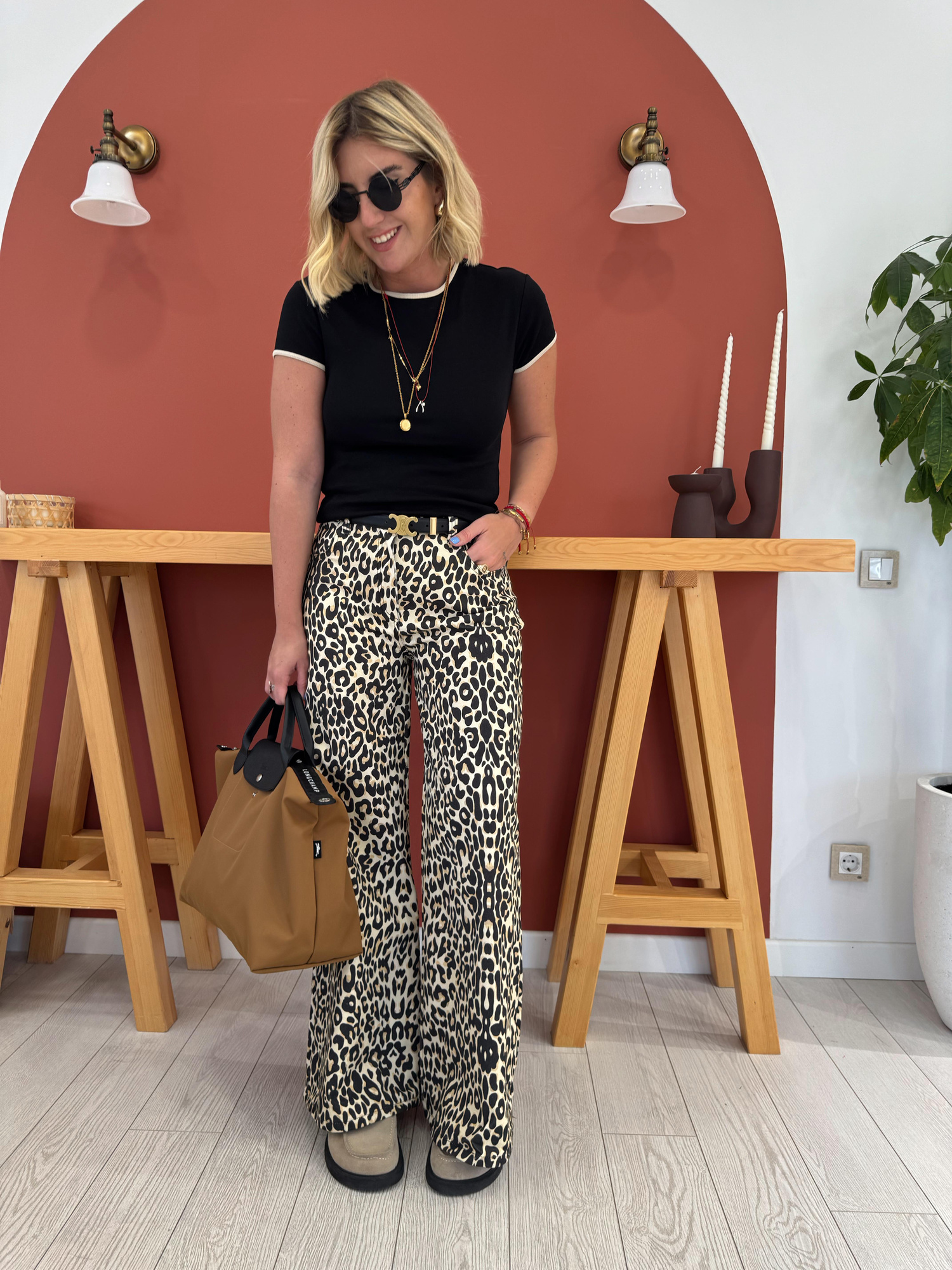 Leopar Desenli Gabardin Kumaş Palazzo Pantolon