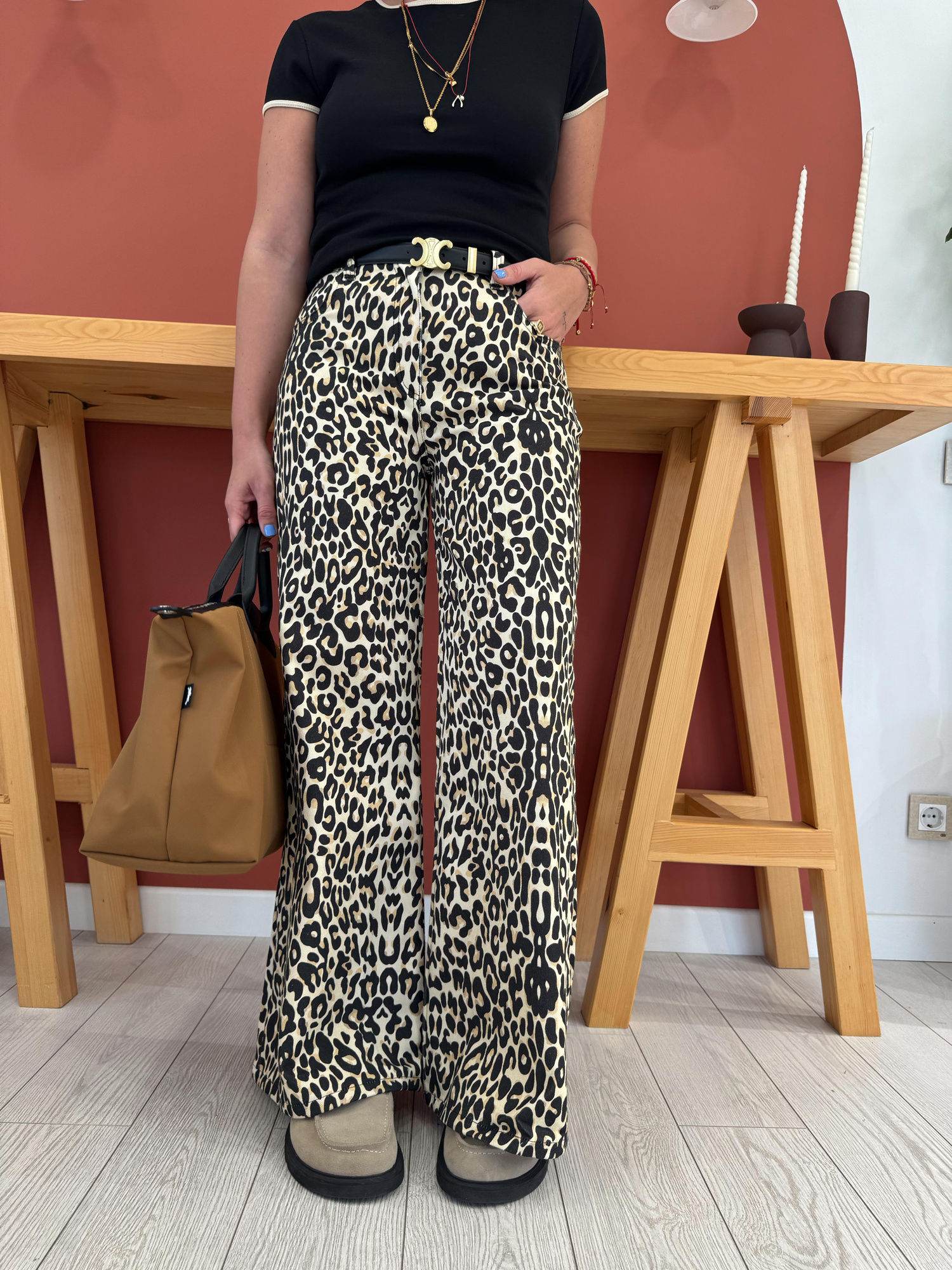 Leopar Desenli Gabardin Kumaş Palazzo Pantolon