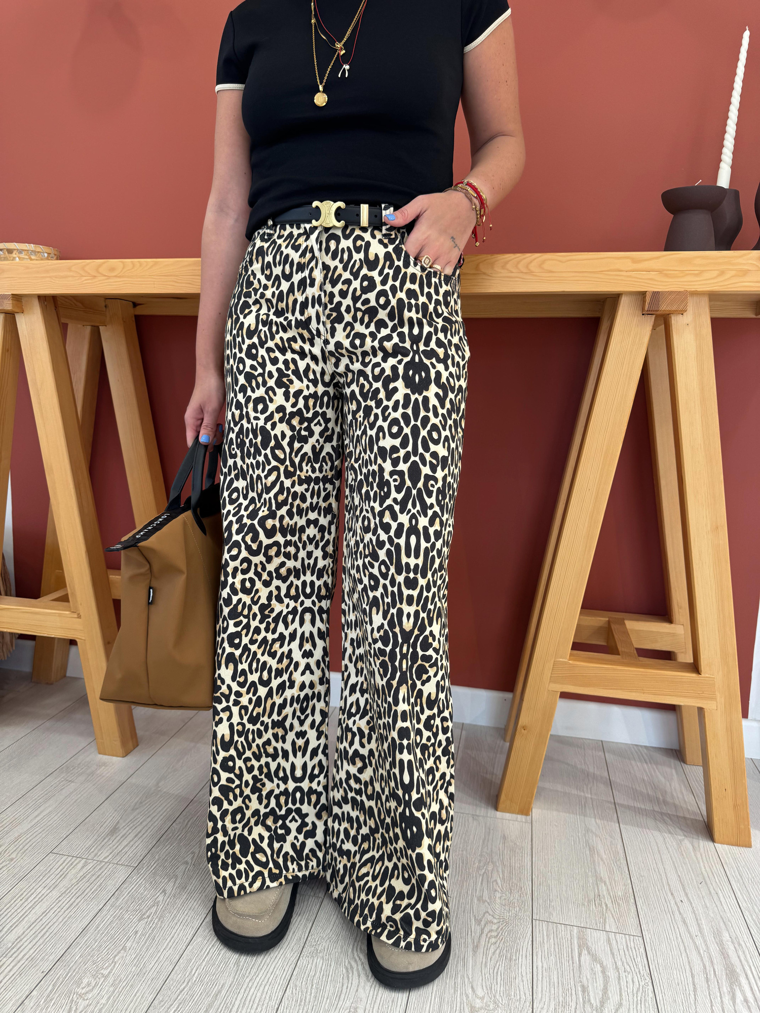 Leopar Desenli Gabardin Kumaş Palazzo Pantolon