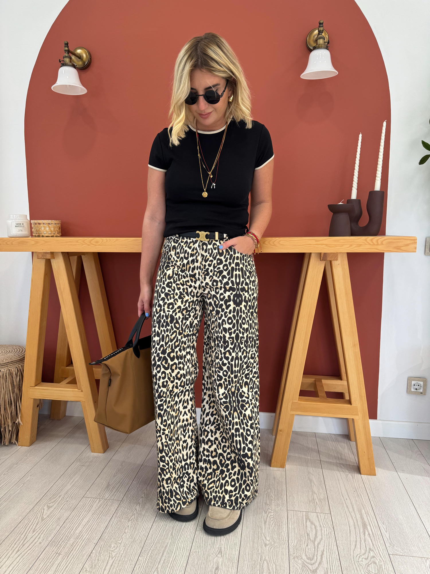 Leopar Desenli Gabardin Kumaş Palazzo Pantolon