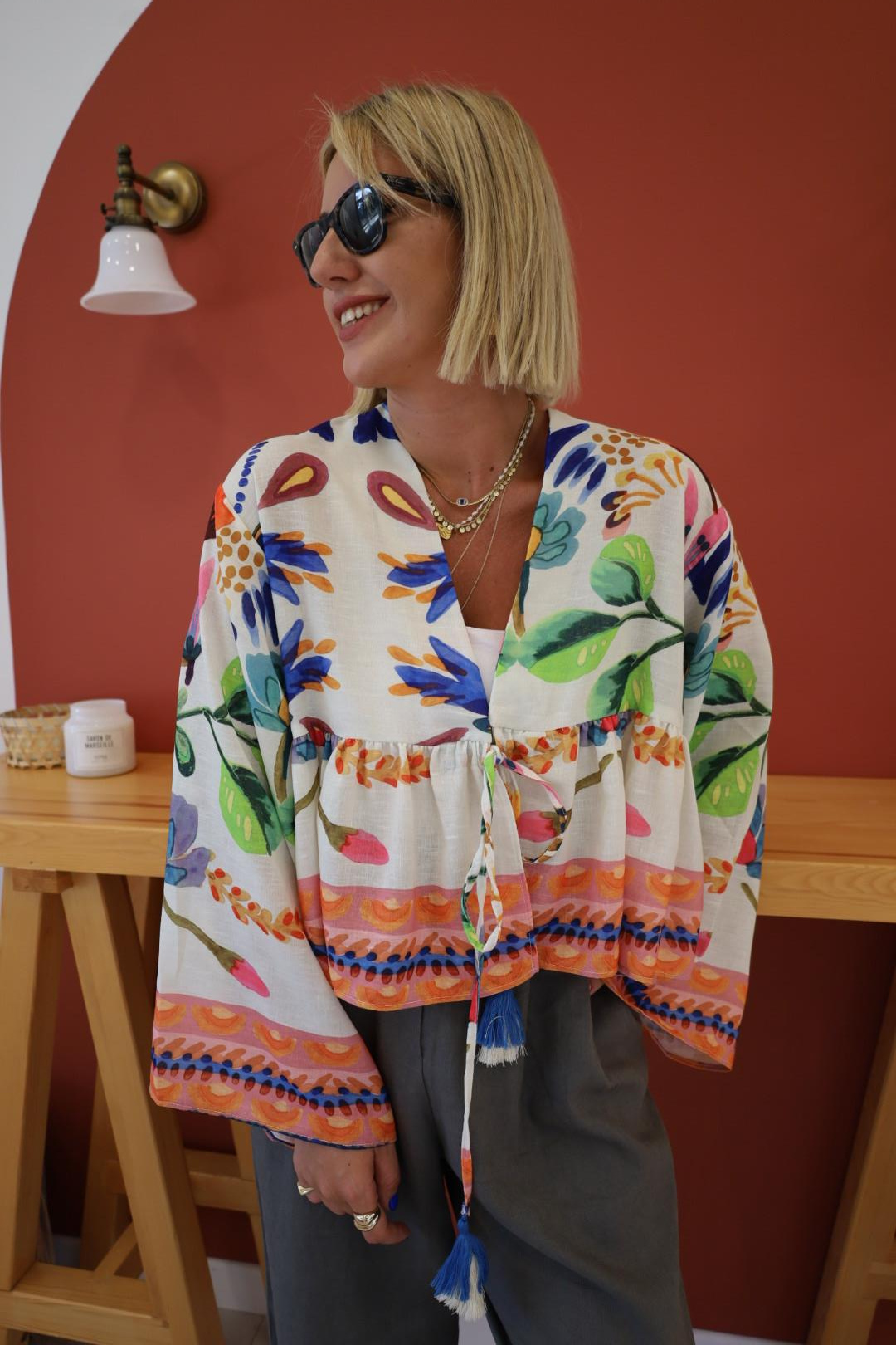 Önden Bağlamalı Renkli Desenli %100 Pamuk Kimono