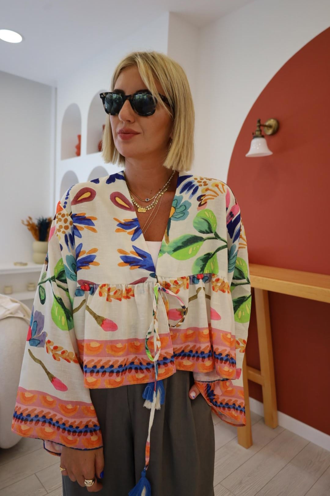 Önden Bağlamalı Renkli Desenli %100 Pamuk Kimono
