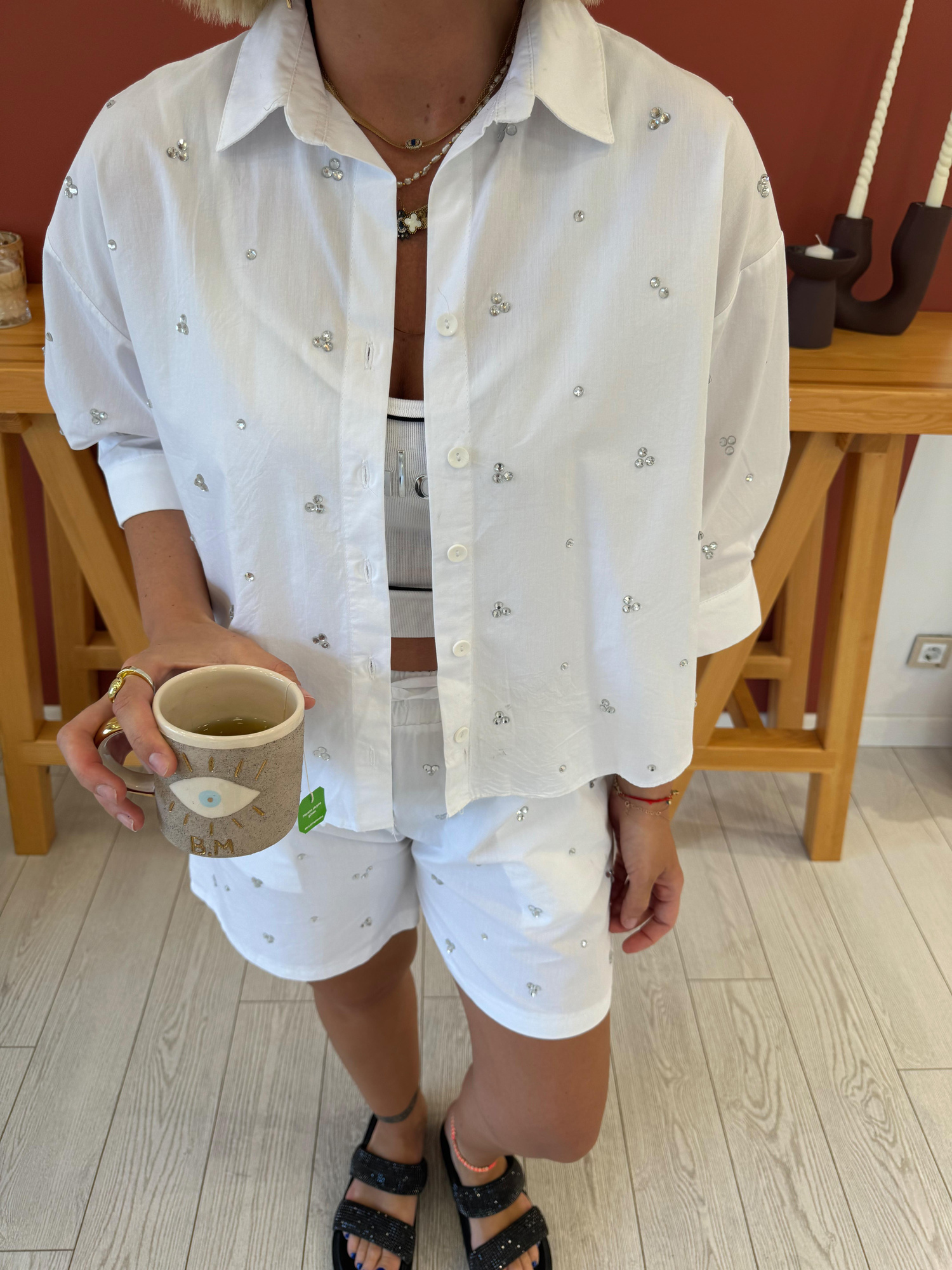 Orjinal Model Taşlı Beyaz Poplin Takım