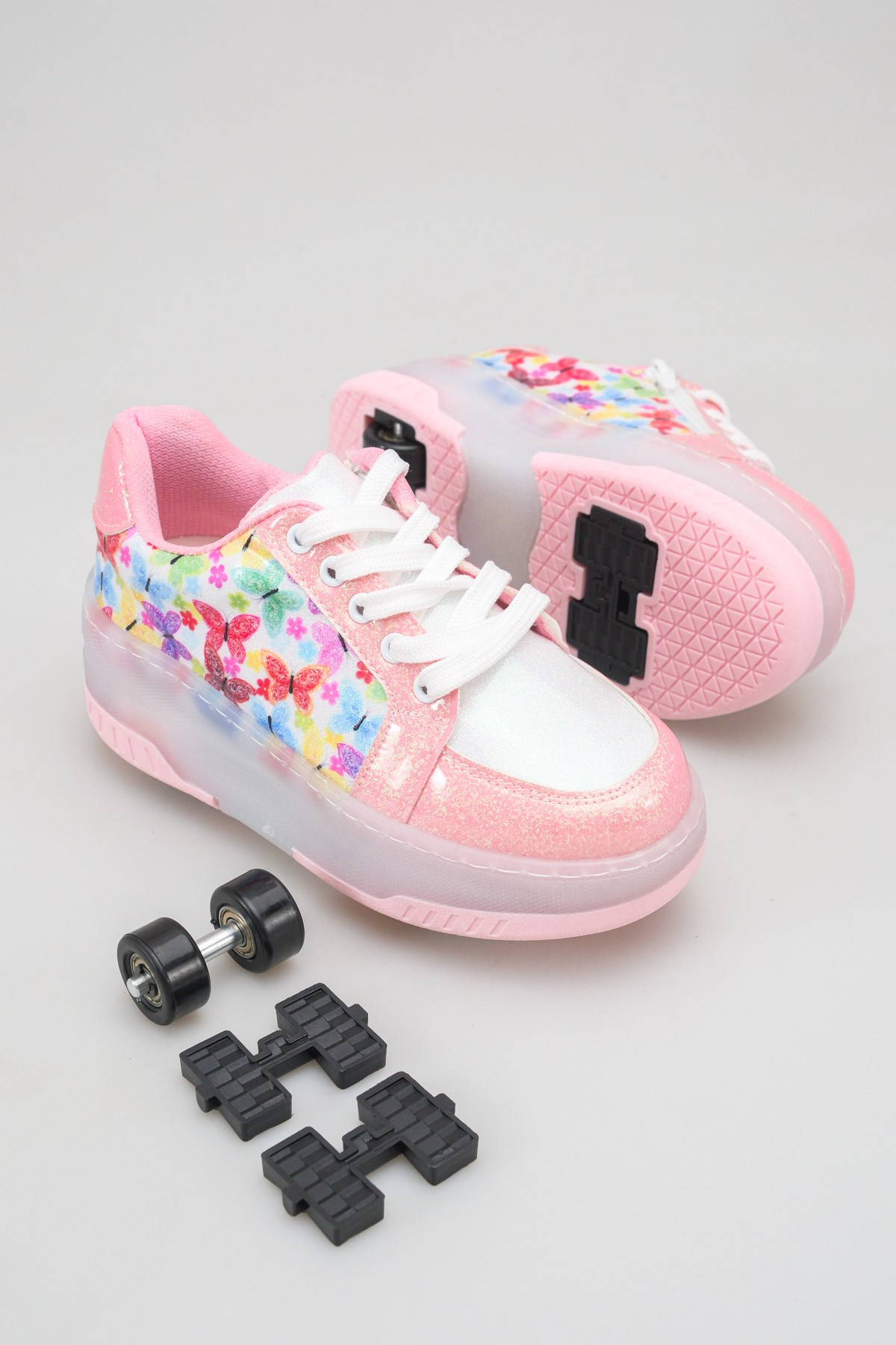 Çocuk Patenli 4 Tekerlekli Pembe Spor Işıklı Paten Ayakkabı - Tekerlekli Sneakers 
