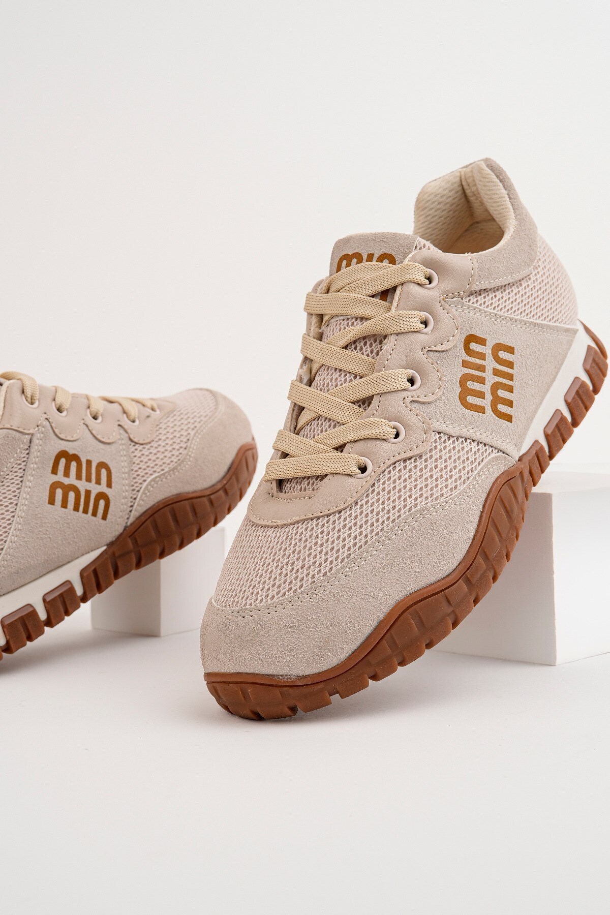 Kadın Bej Renkli Rahat Tabanlı Bağcıklı Babet Günlük Spor Ayakkabı - Rahat ve Hafif Seferi2042