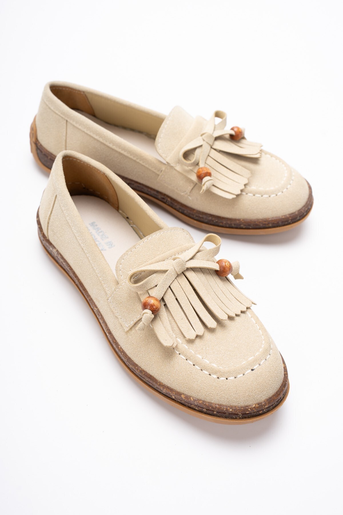 Kadın Casual Kahverengi taban Bej Süet Püsküllü Loafer Ayakkabı - Günlük Rahat Klasik Mokasen s2536
