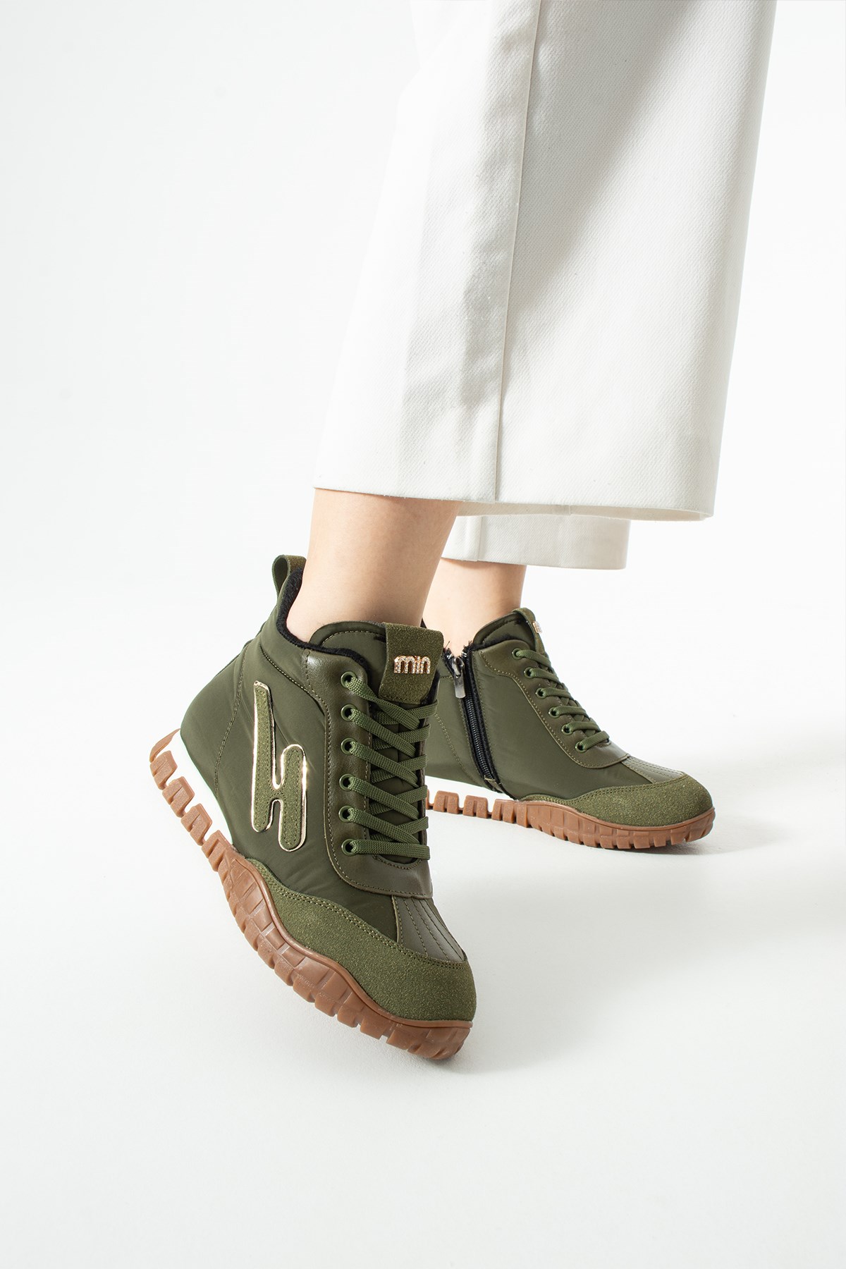 Kadın Haki Bağcıklı Termo Tabanlı Rahat Spor Ayakkabı Seferi