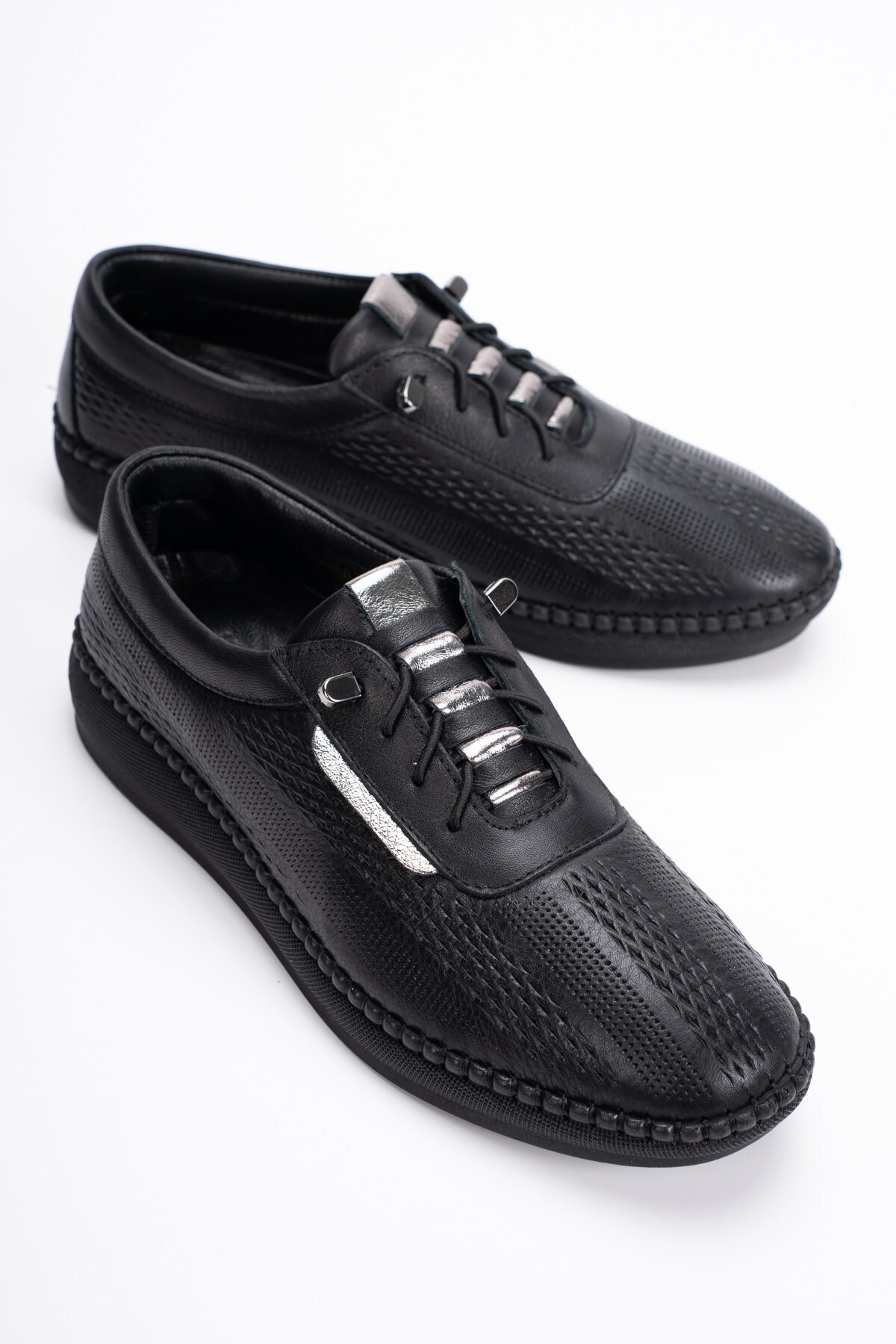 Kadın Siyah Platin Hakiki Deri Bağcıklı Rahat Spor Ayakkabı-Casual Yürüyüş Ayakkabısı s3050