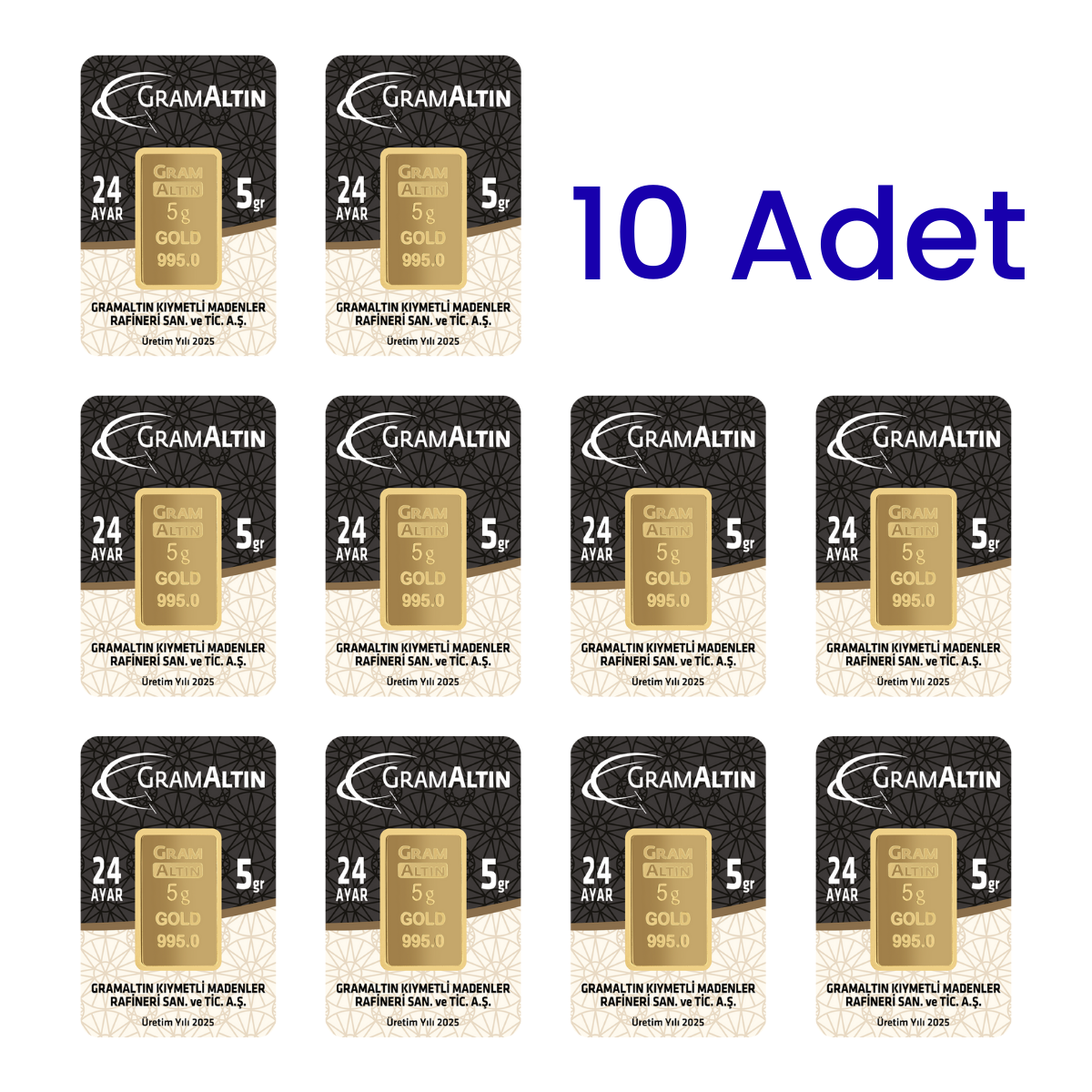 10 Adet 5 Gr 24 Ayar Gram Altın