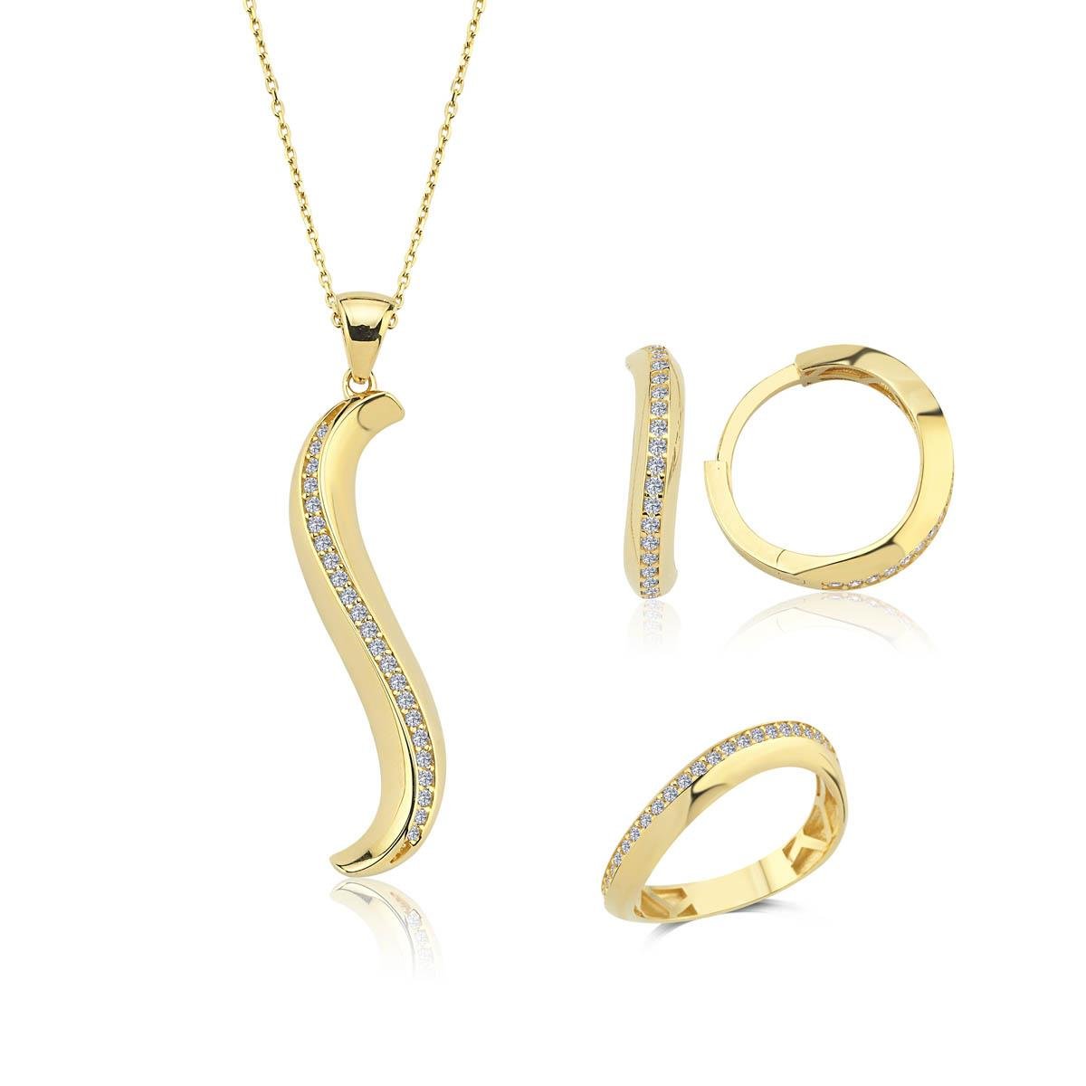 3lü Taşlı 14 Ayar Sarı  Altın Mini Set