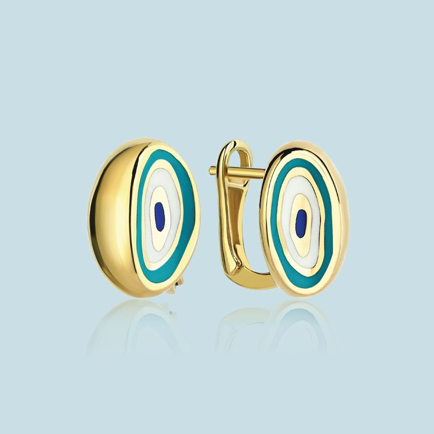 Cetaş Fortuna 14 Ayar Sarı Altın Mavi-Beyaz Mineli Küpe