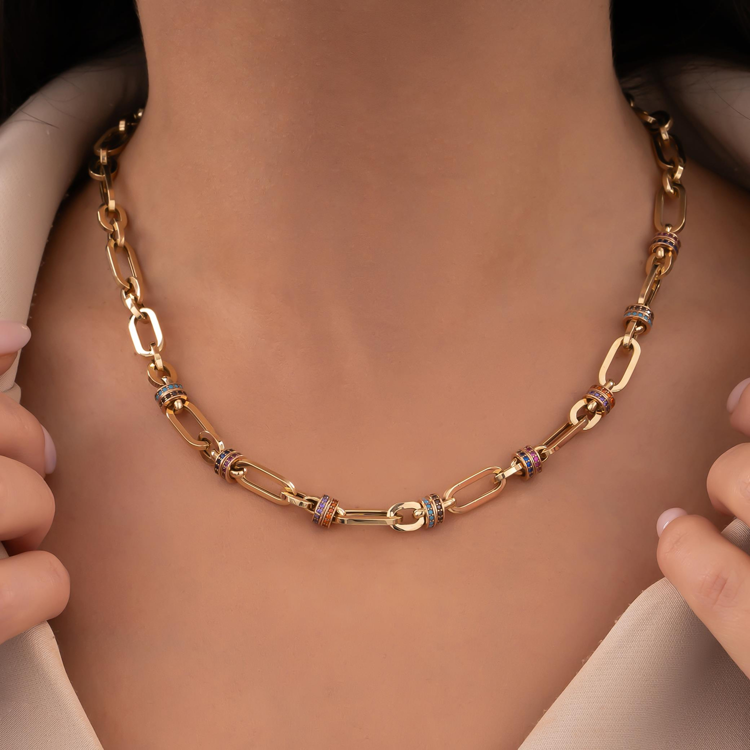 Cetaş Renkli Taşlı Ataç 14 Ayar Altın Kolye